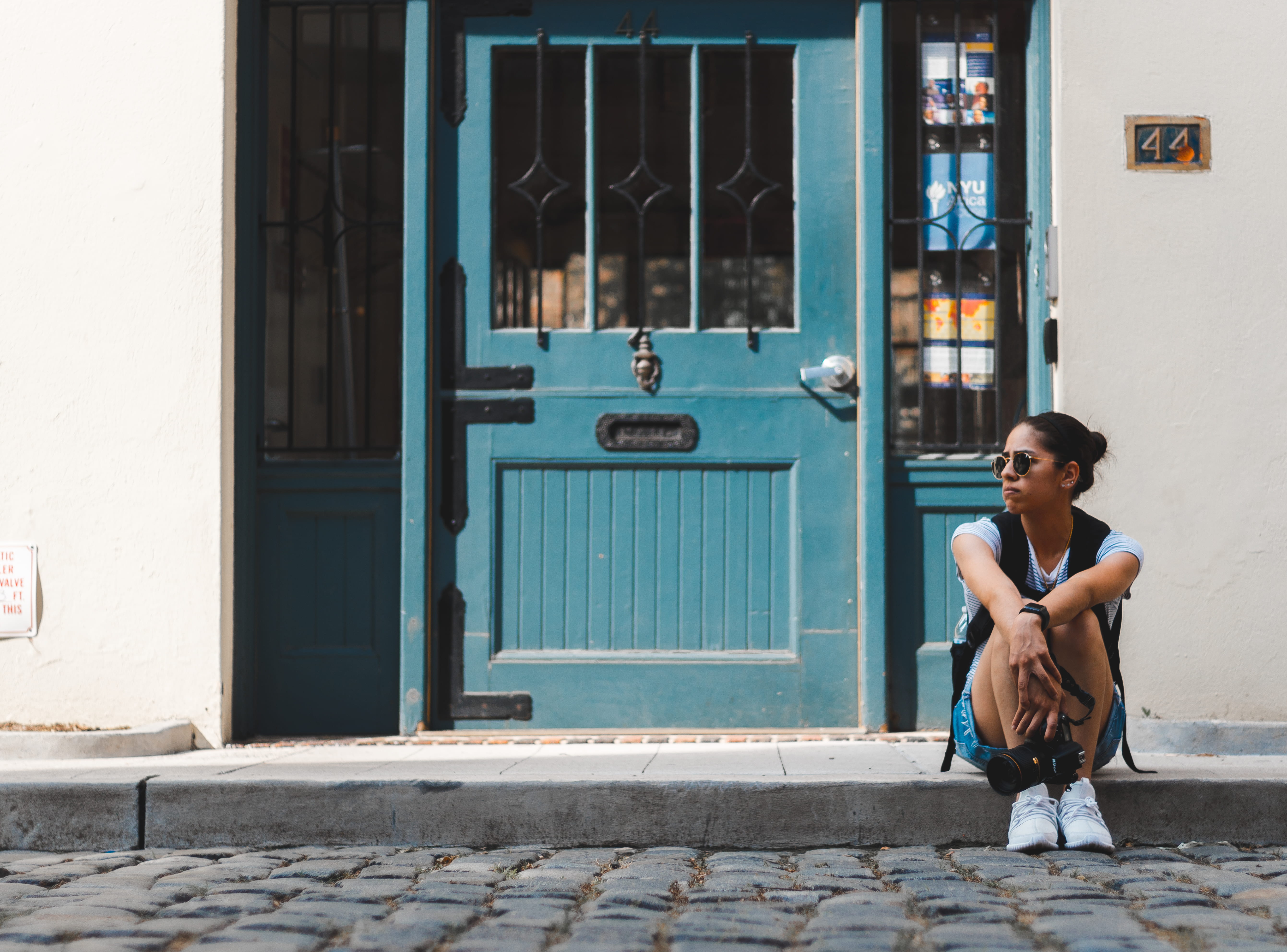 waiting, camera, portrait, young women, lifestyles, one person, building, model, woman, women, cobblestone, 5K, road, leisure activity, entrance, full length, HD Wallpaper
