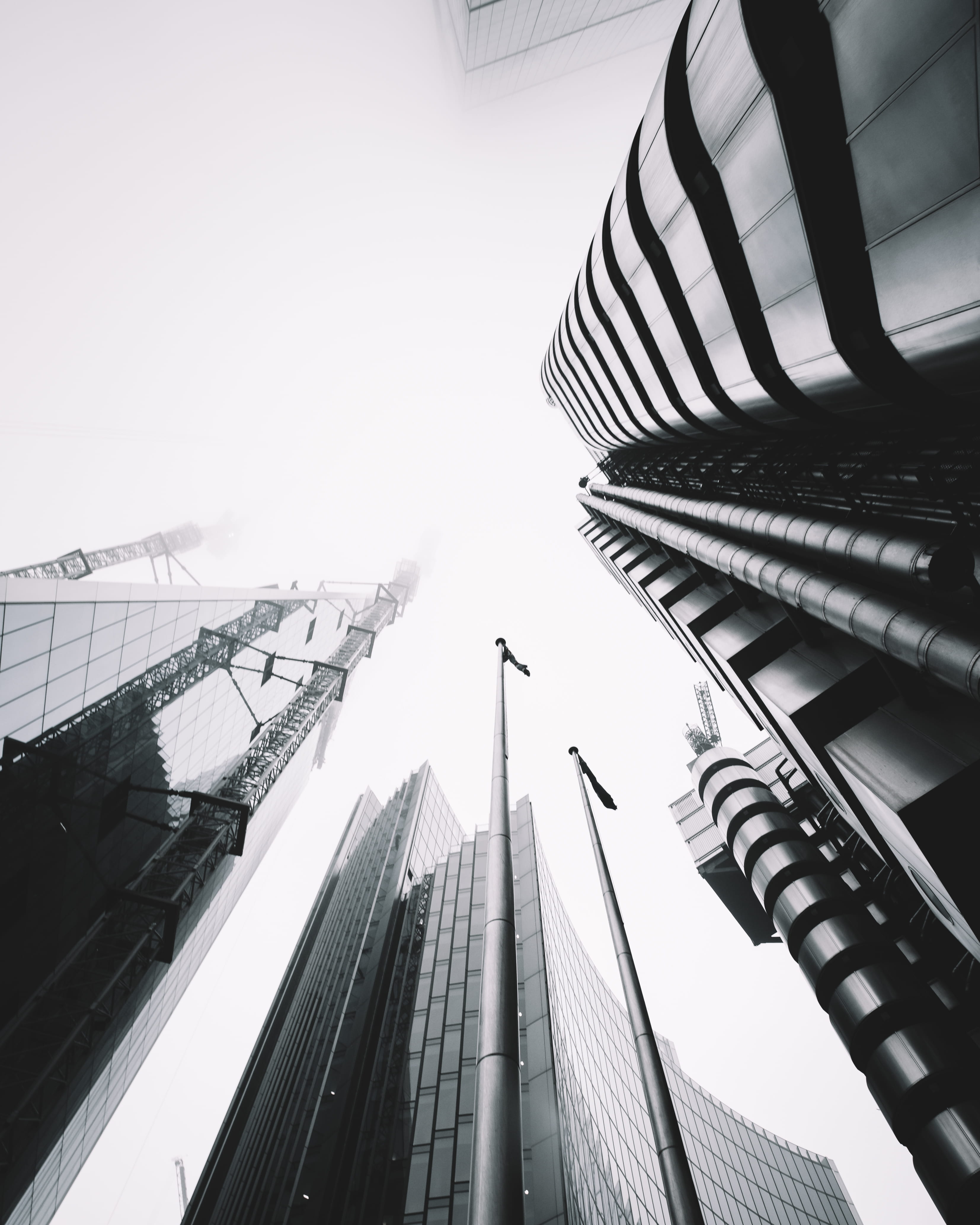cityscape, photography, flag, office Building, moody foggy, london building, buildings, no People, foggy, personal Perspective, minimal city, london, 4K, Phone HD Wallpaper