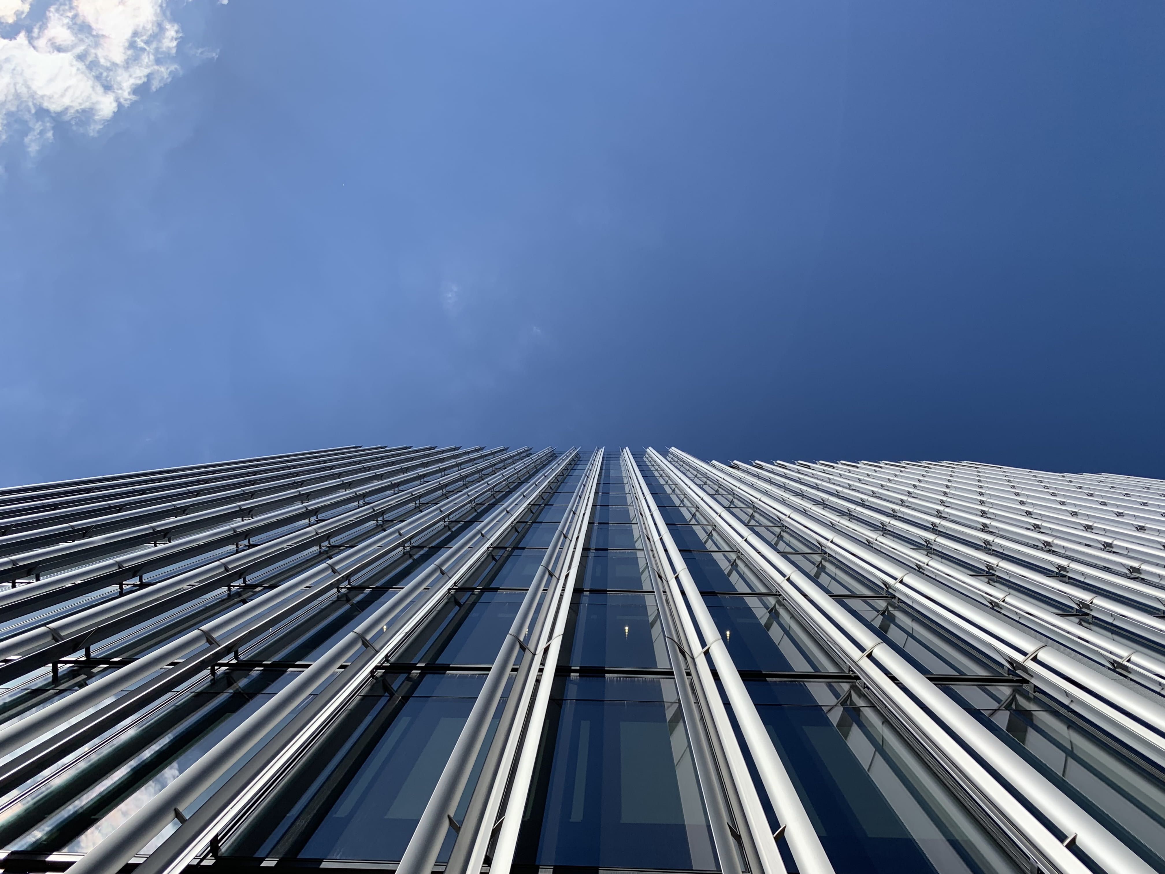 office building, no people, sunlight, day, metal, modern, town, tall - high, directly below, city, low angle view, spire, pattern, tower, silver colored, HD Wallpaper