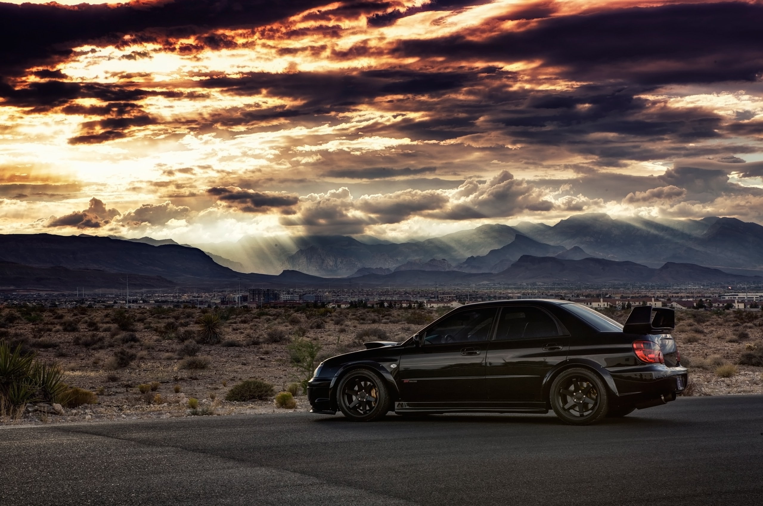 desert, car, Subaru Impreza WRX STi, Subaru, 2K, sunset, clouds, black cars, HD Wallpaper