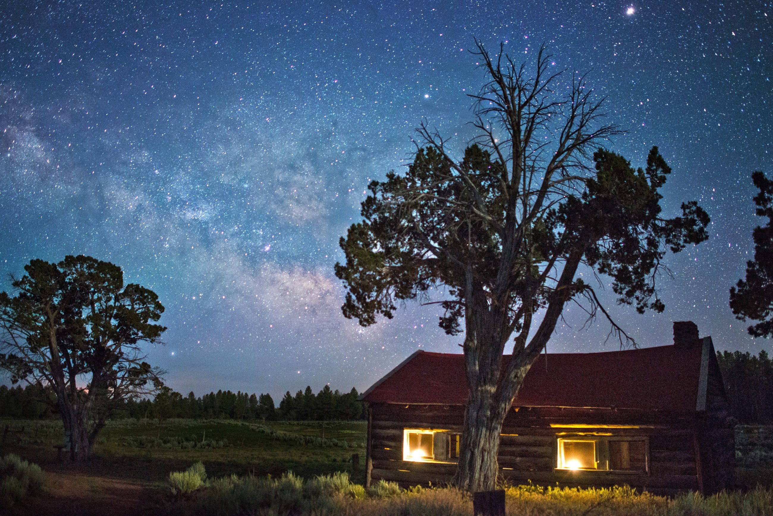 national monument, stars, illuminated, wooden, usa, cloud - sky, astronomy, cosmos, trees, bungalow, sky, space, house, waring ranch house, grand canyon-parashant, HD Wallpaper