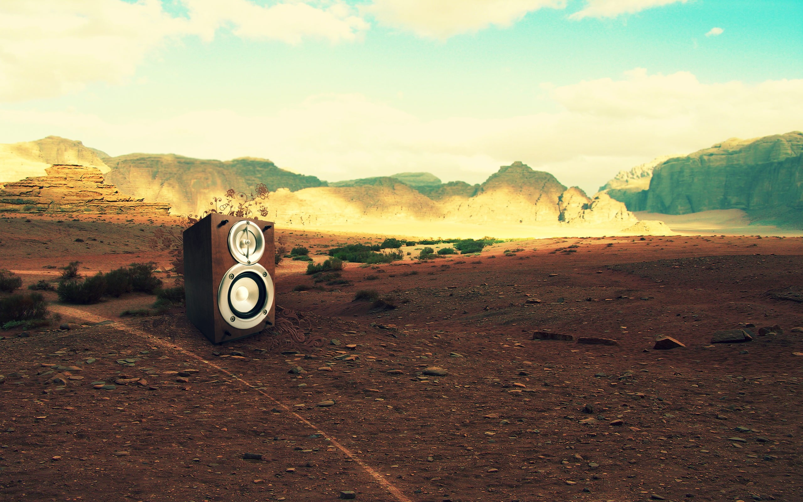 desert, digital art, speakers, 2K, landscape, HD Wallpaper