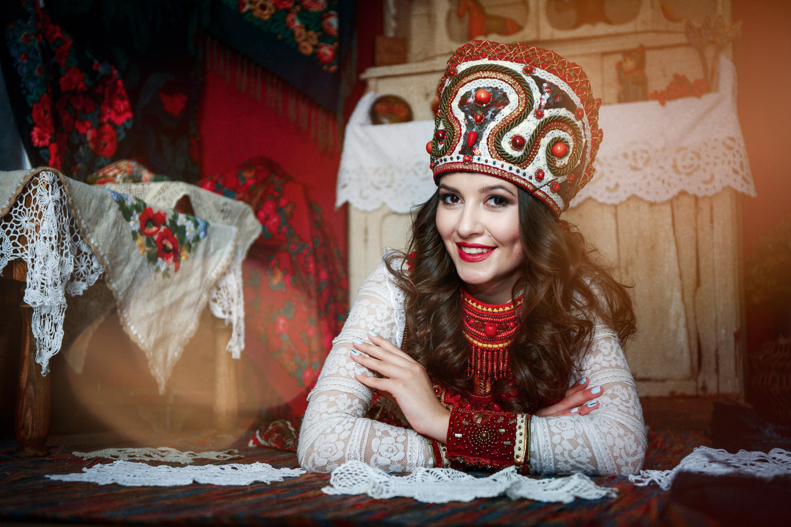 swipe, girl, Anastasia Took, kokoshnik, 2K, style, smile, Anastasia Golubeva, HD Wallpaper
