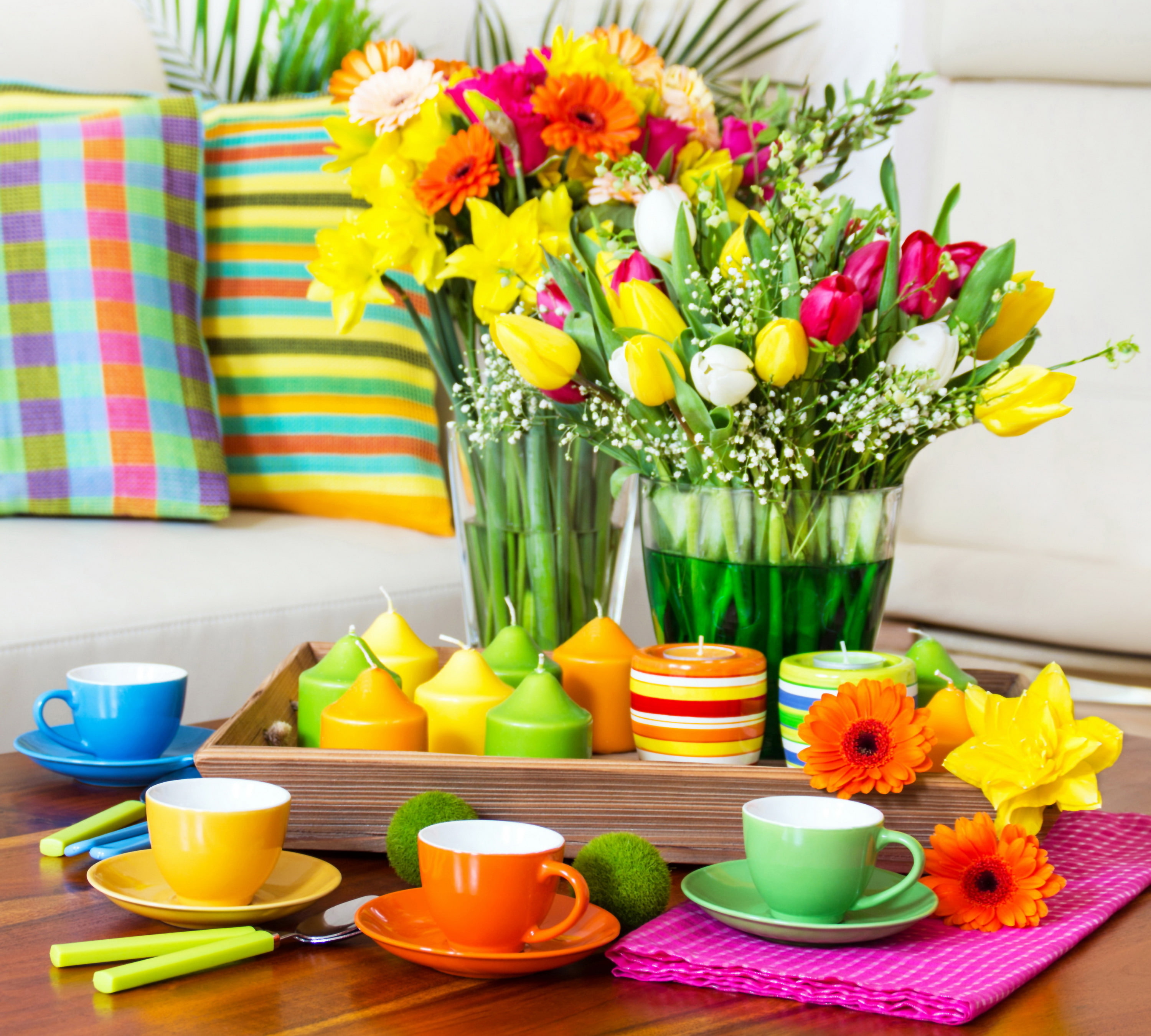 flower head, decoration, indoors, serving, bouquet, multi colored, Cup, food, 2K, nature, flowers, arrangement, vase, swipe, colorful, flowering plant, HD Wallpaper