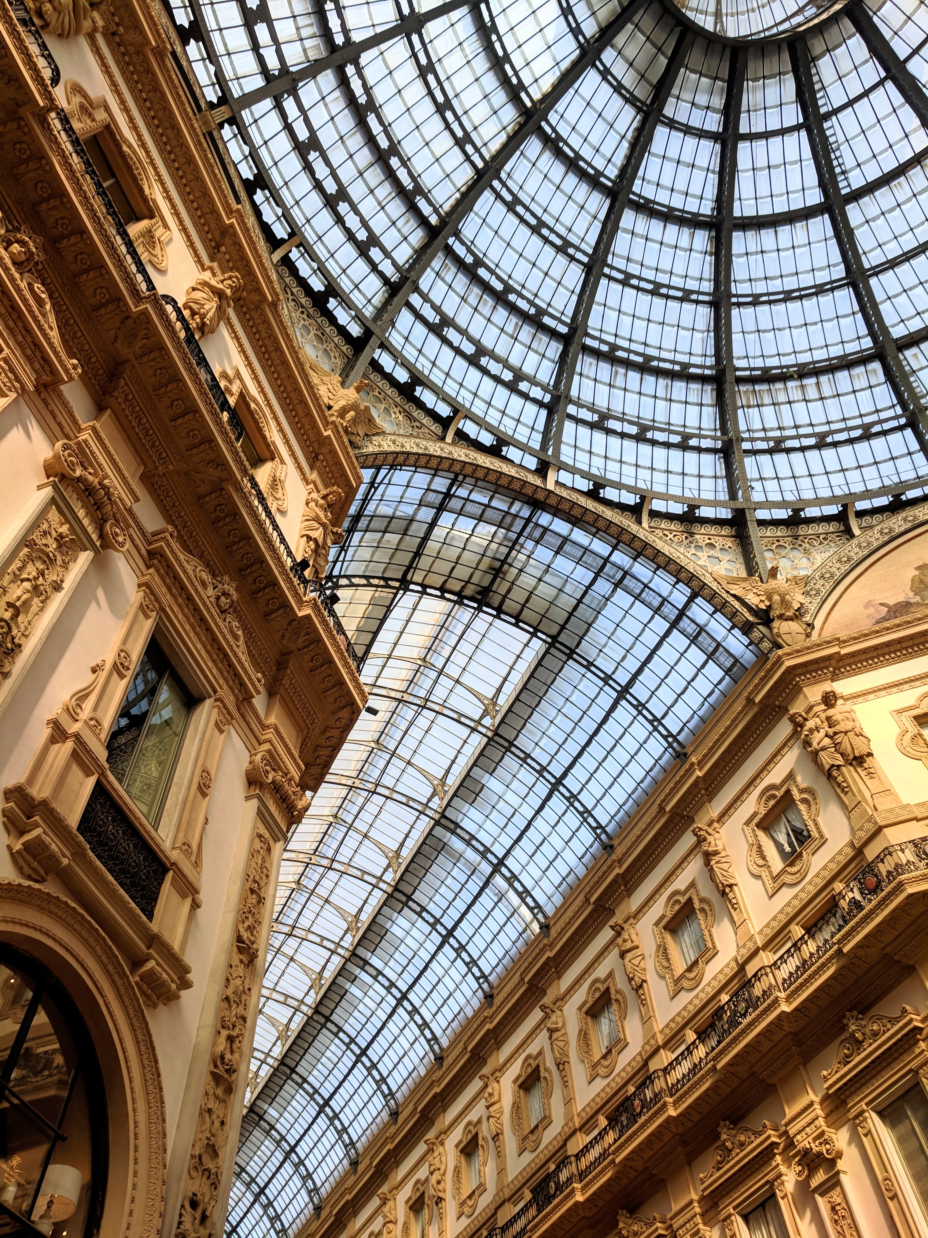 glass, skylight, shape, low angle view, geometry, italy, web, building, architectural feature, travel destinations, 4K, pattern, milano, travel, iron, Phone HD Wallpaper