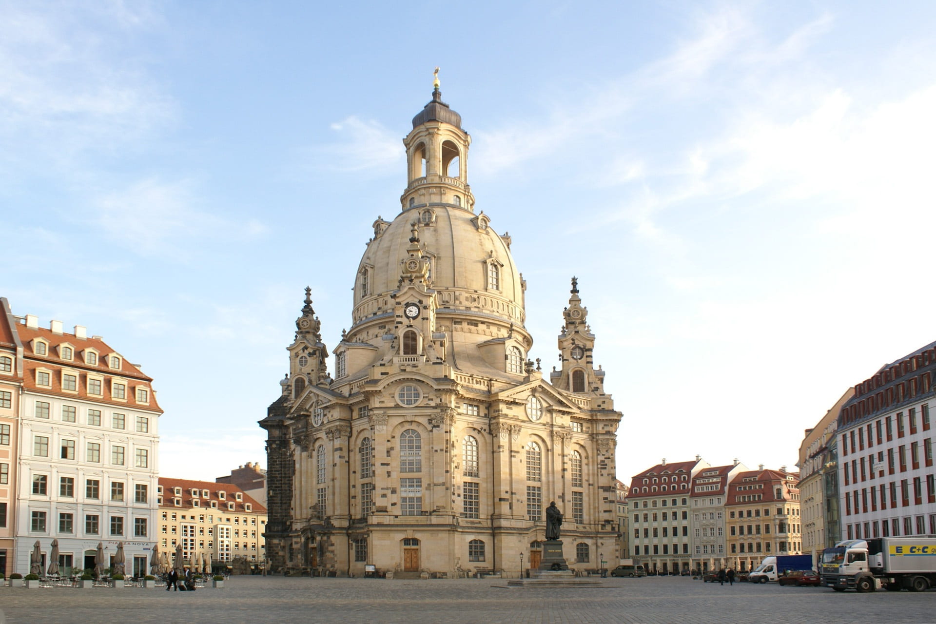 saxony, church, dome, built structure, 1080P, frauenkirche, mode of transportation, spirituality, city, outdoors, building, religion, building exterior, HD Wallpaper