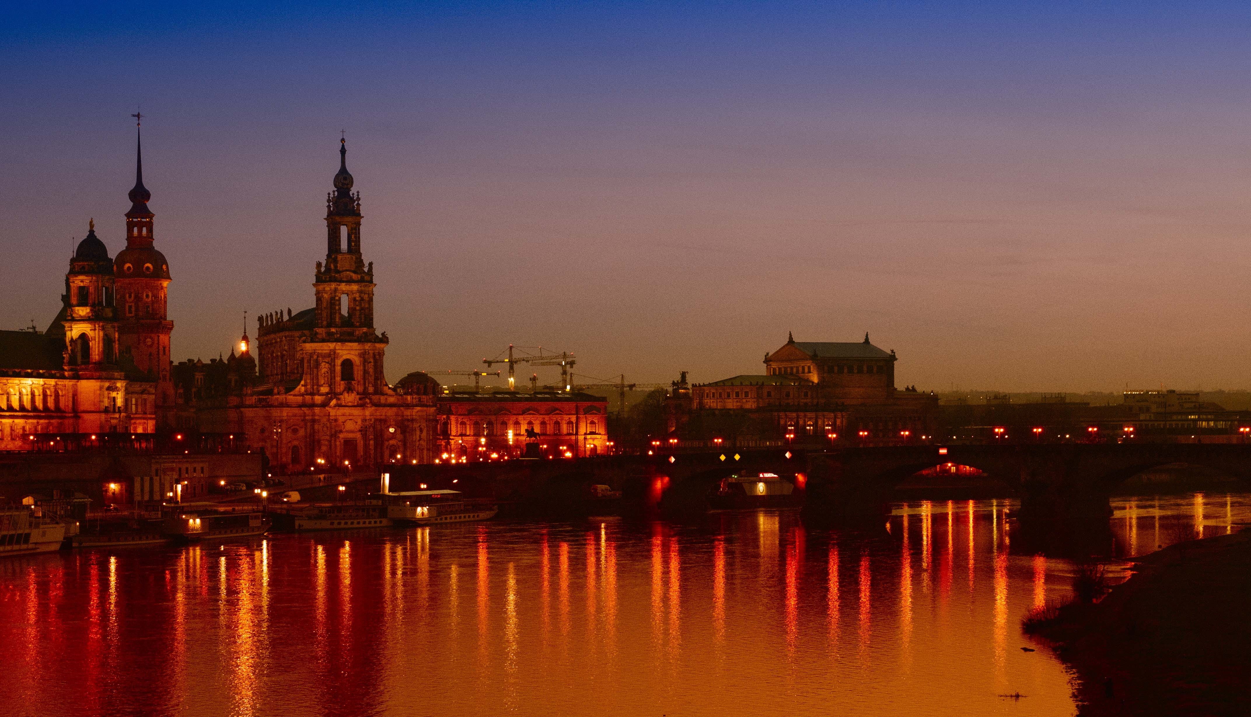 sky, city, travel destinations, nature, dusk, urban skyline, illuminated, dresden, outdoors, place of worship, built structure, frauenkirche, water, elbe, HD Wallpaper