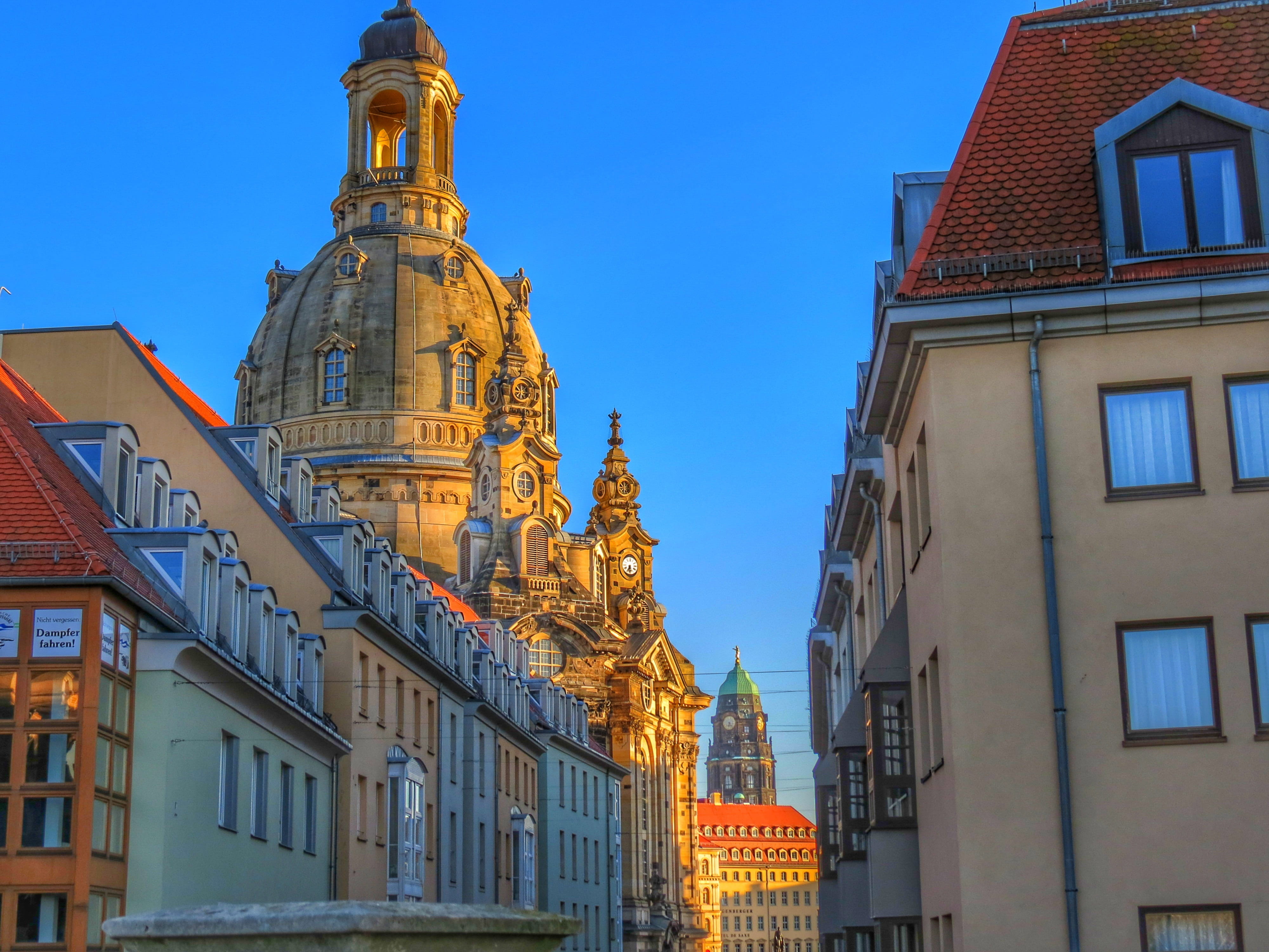 kirchen, no people, building exterior, clock, building, city, dark, tower, religion, blue, frauenkirche, clouds, lights, pattern, architecture, churg, sunset, HD Wallpaper