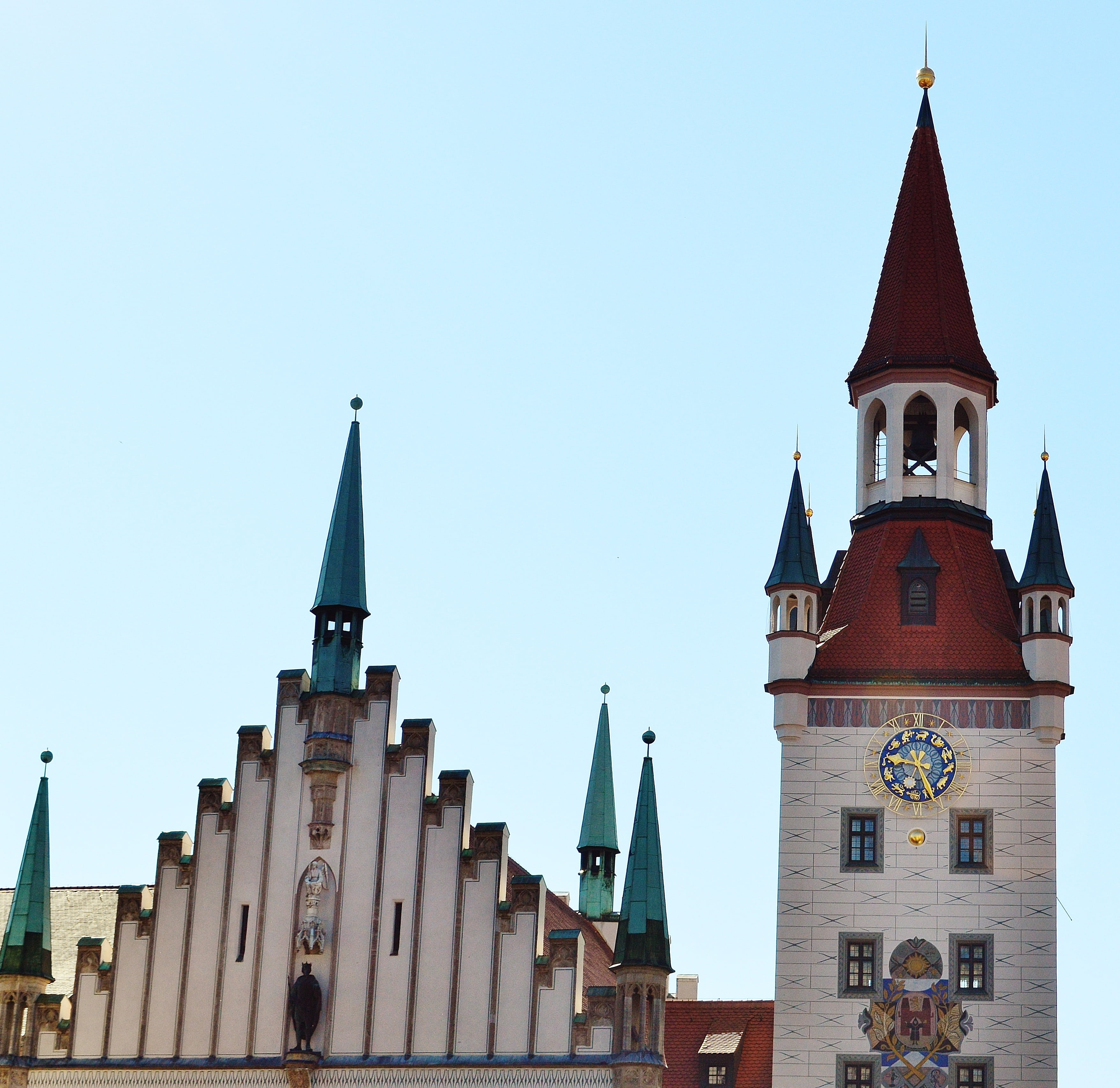 gothic style, day, marienplatz, building exterior, architecture, munich, place of worship, clear sky, nature, building, belief, sky, 2K, spire, blue, outdoors, HD Wallpaper