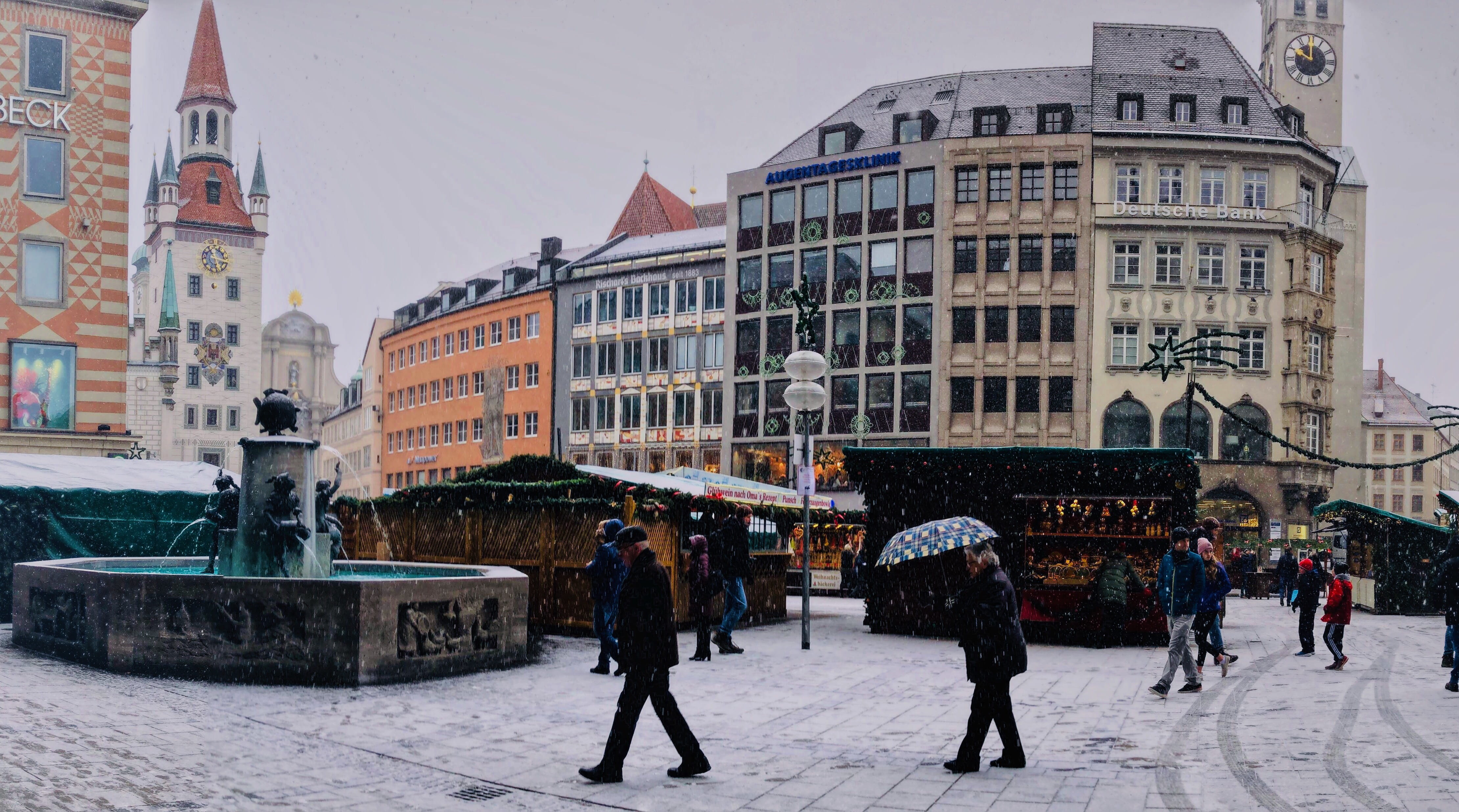 street, town, cold temperature, men, winter, town square, münchen, adult, clothing, germany, apparel, marienplatz, group of people, plaza, white, water, HD Wallpaper