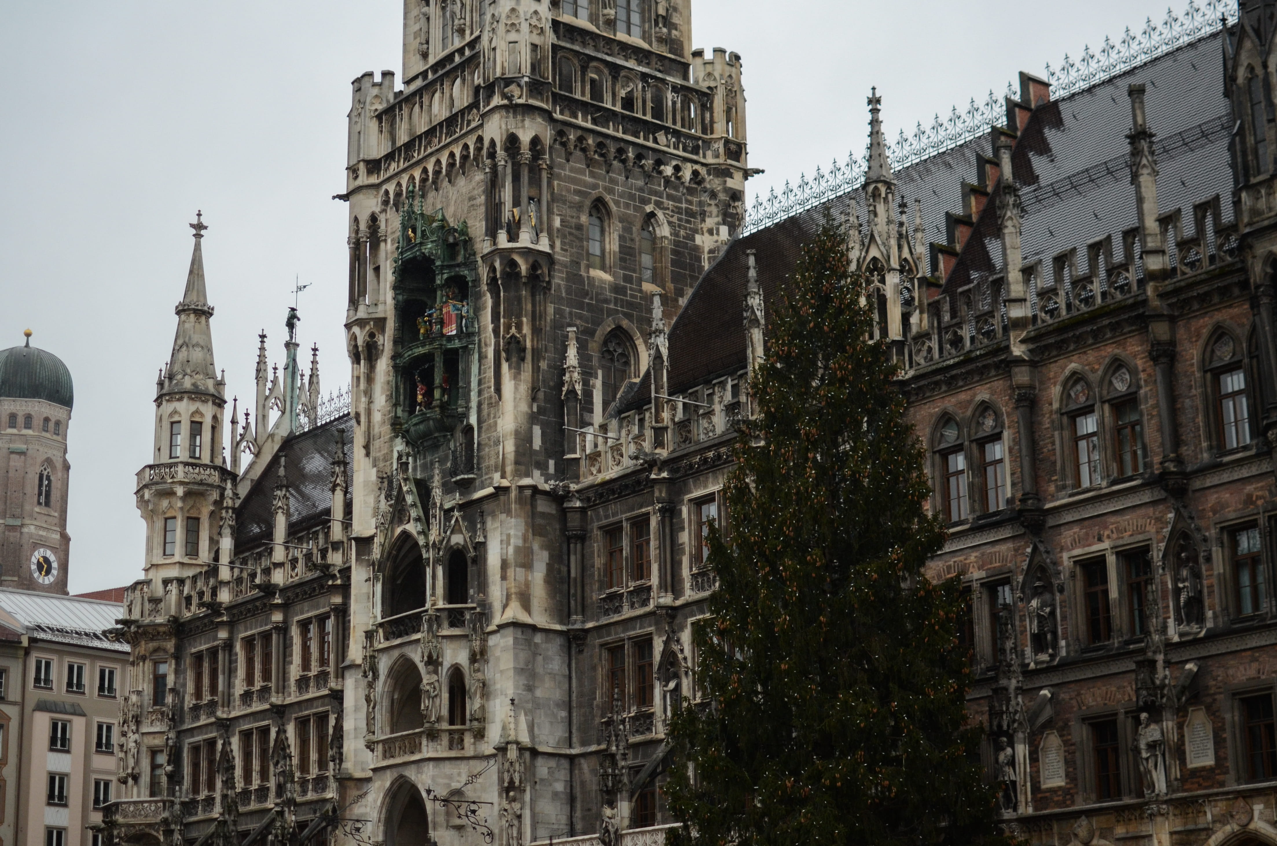 religious, old, munich, plant, tourism, day, steeple, history, travel, angle, spire, building exterior, castle, christmas, outdoors, the past, low, metropolis, HD Wallpaper