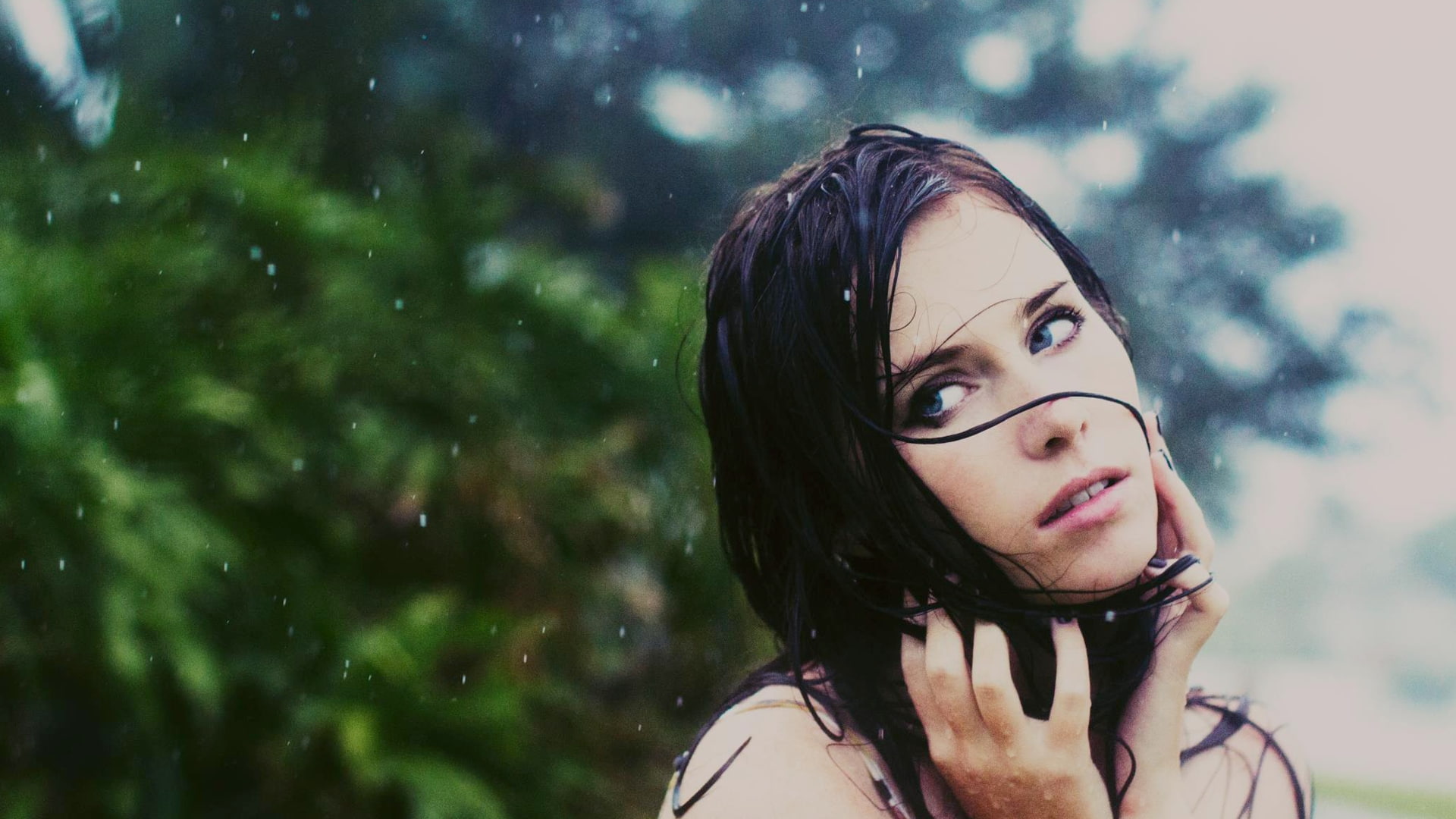 raining, 1080P, photography, abstract, eyes, hd, x, eyelashes, women, shut, art, wide, people, nature, wet, HD Wallpaper