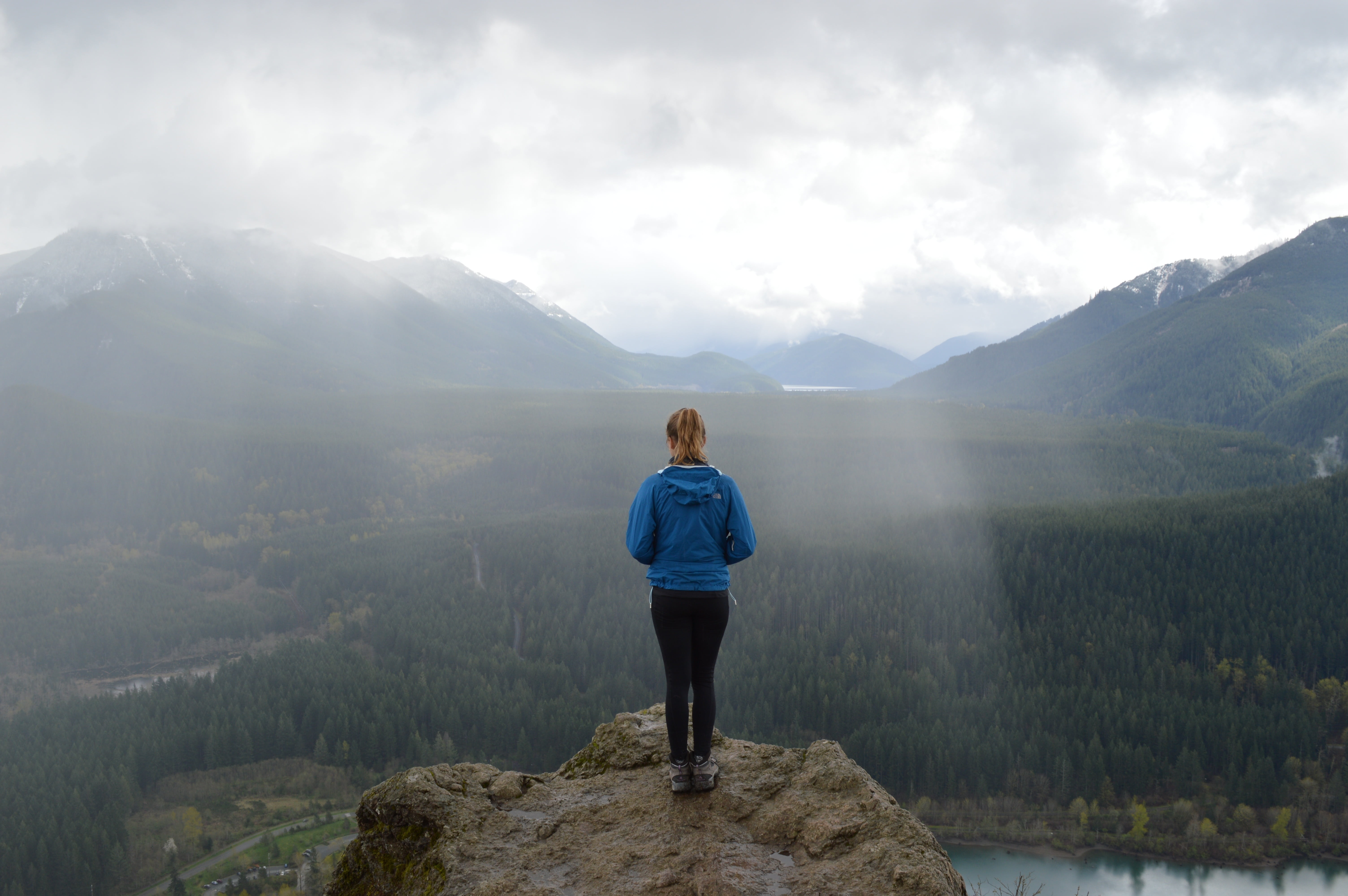 non-urban scene, hoodie, peak, leisure activity, outdoors, person, one person, blue, valley, nature, environment, casual clothing, clouds, vacations, 5K, HD Wallpaper