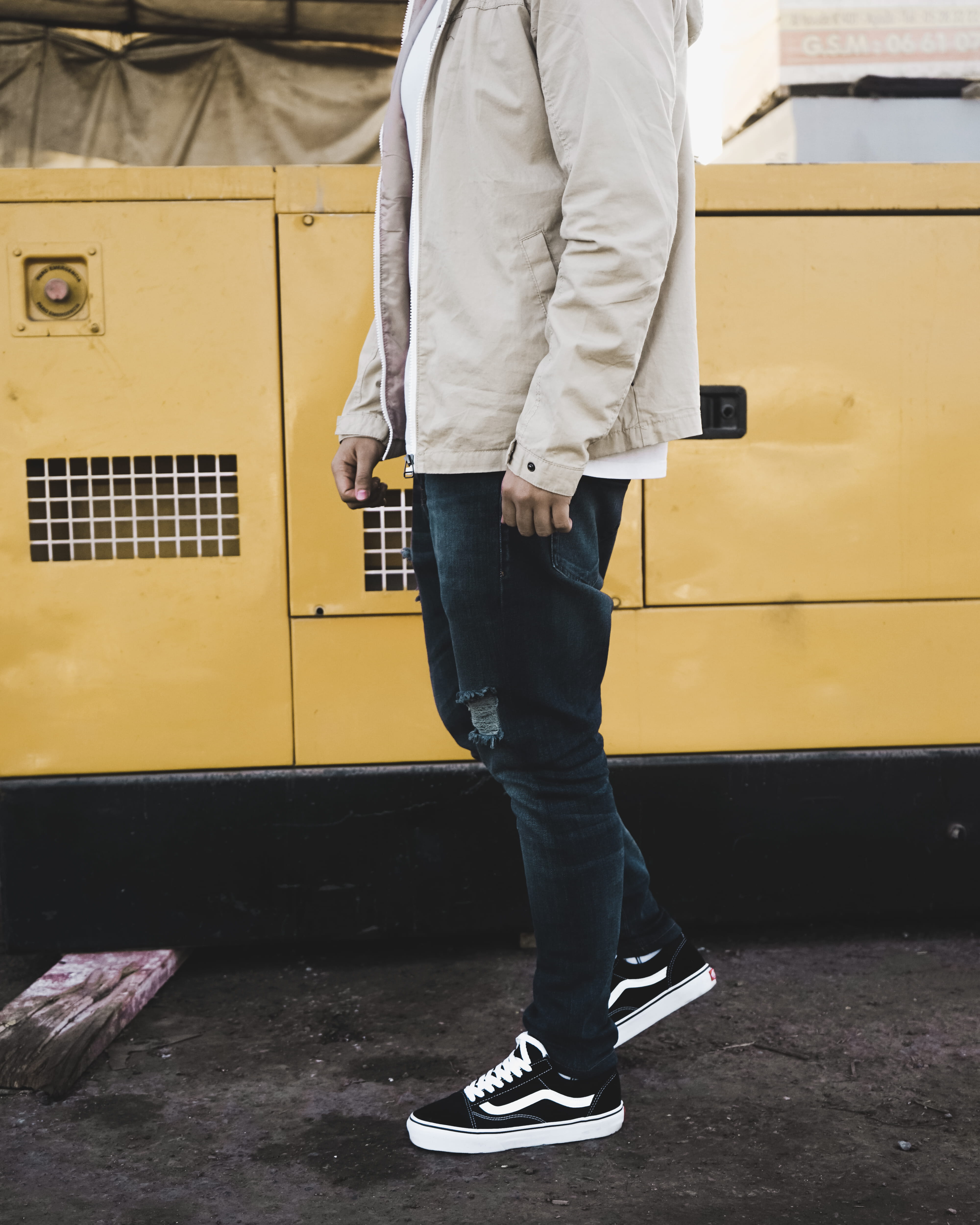 jeans, jackandjones, 4K, day, vansoldskool, fashion, yellow, shoe, instagram, clothing, jacket, transportation, casual clothing, padaukdenim, waiting, Phone HD Wallpaper