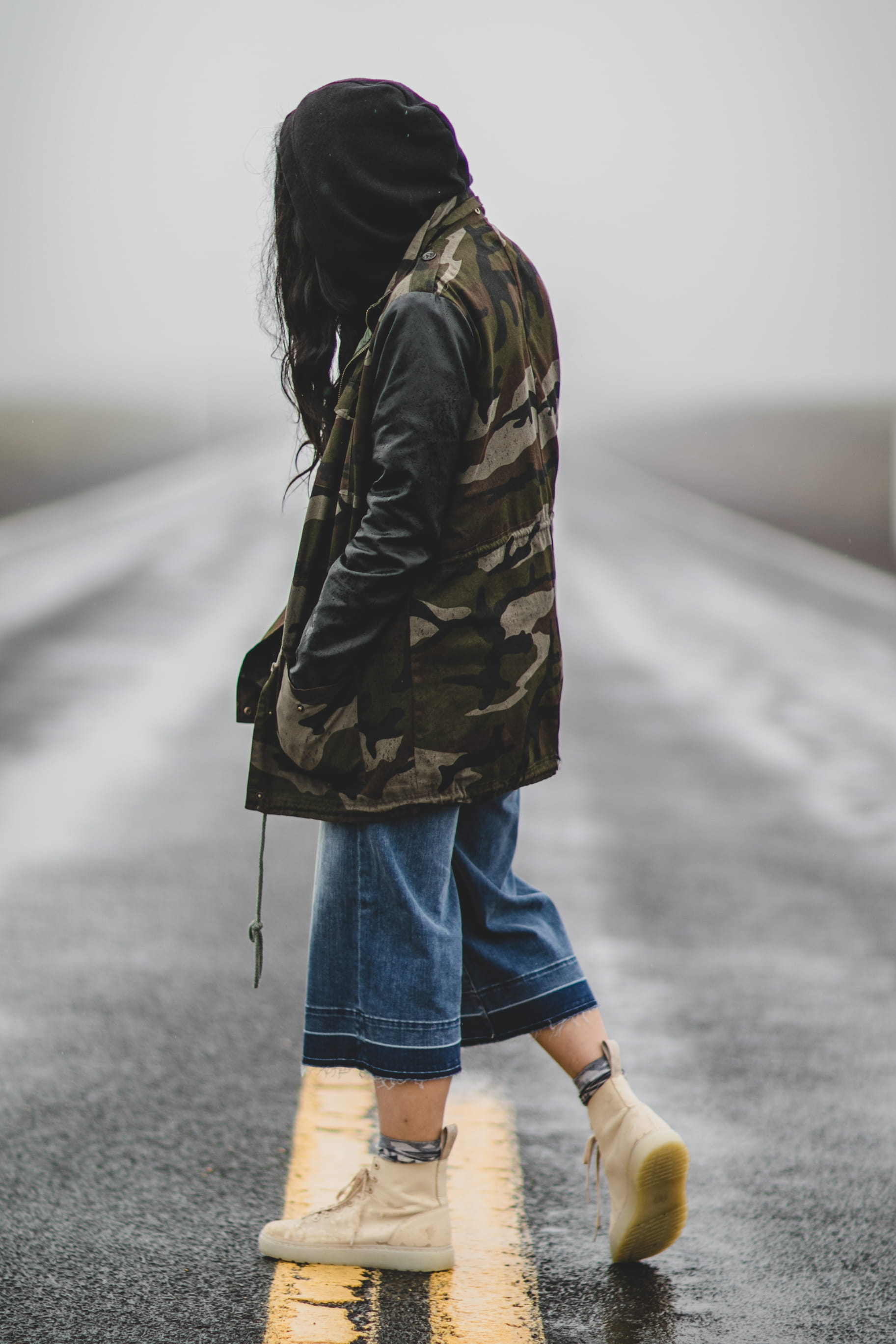 jeans, jacket, fashion model, hairstyle, rear view, expressway, lifestyles, photoshoot, camouflage, asphalt, leisure activity, person, clothing, one person, Phone HD Wallpaper