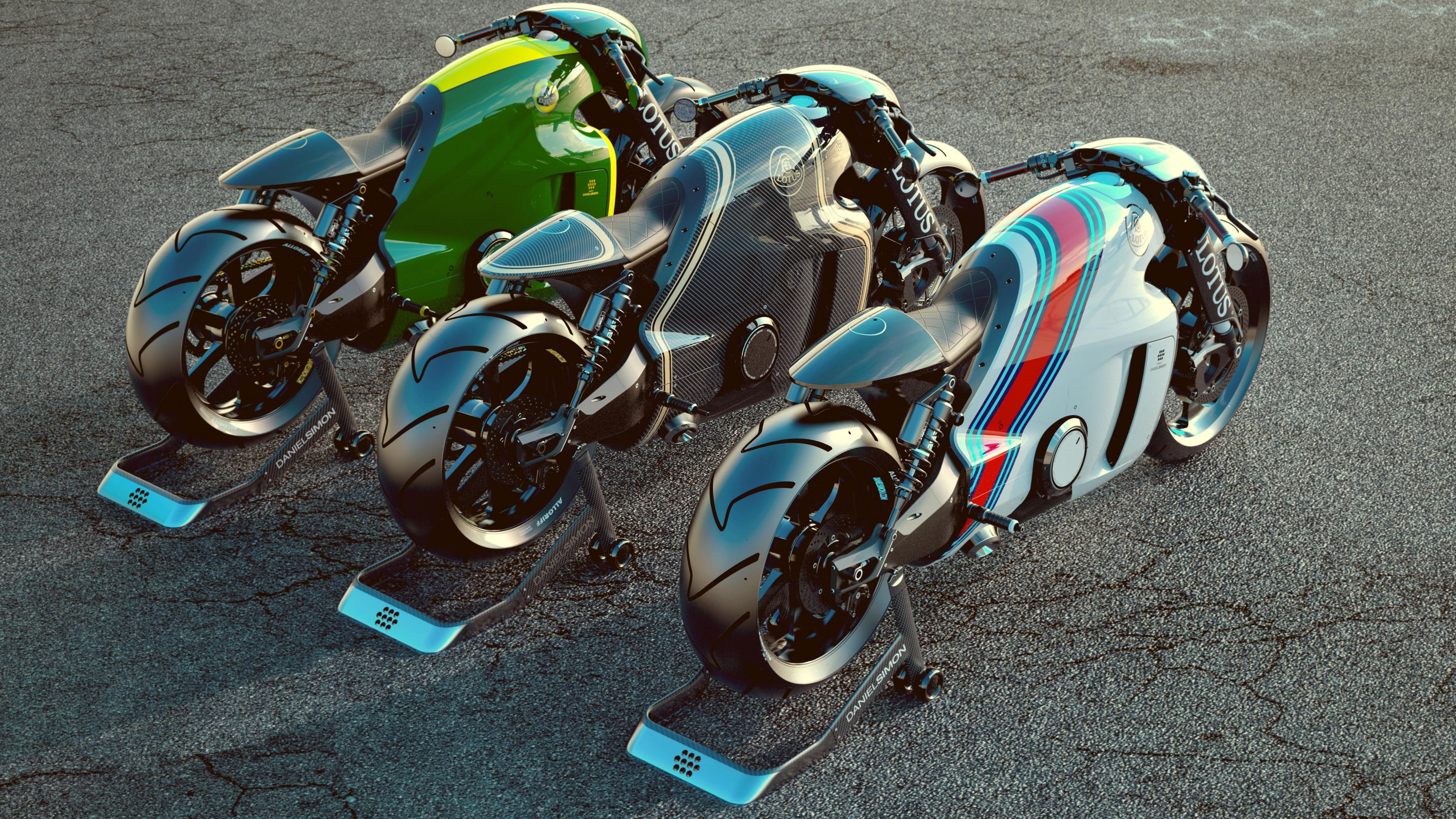 sport bike, carbone, 3d, sports, 4K, Lotus, white, three, color, bike, assorted, green, motorcycle, HD Wallpaper