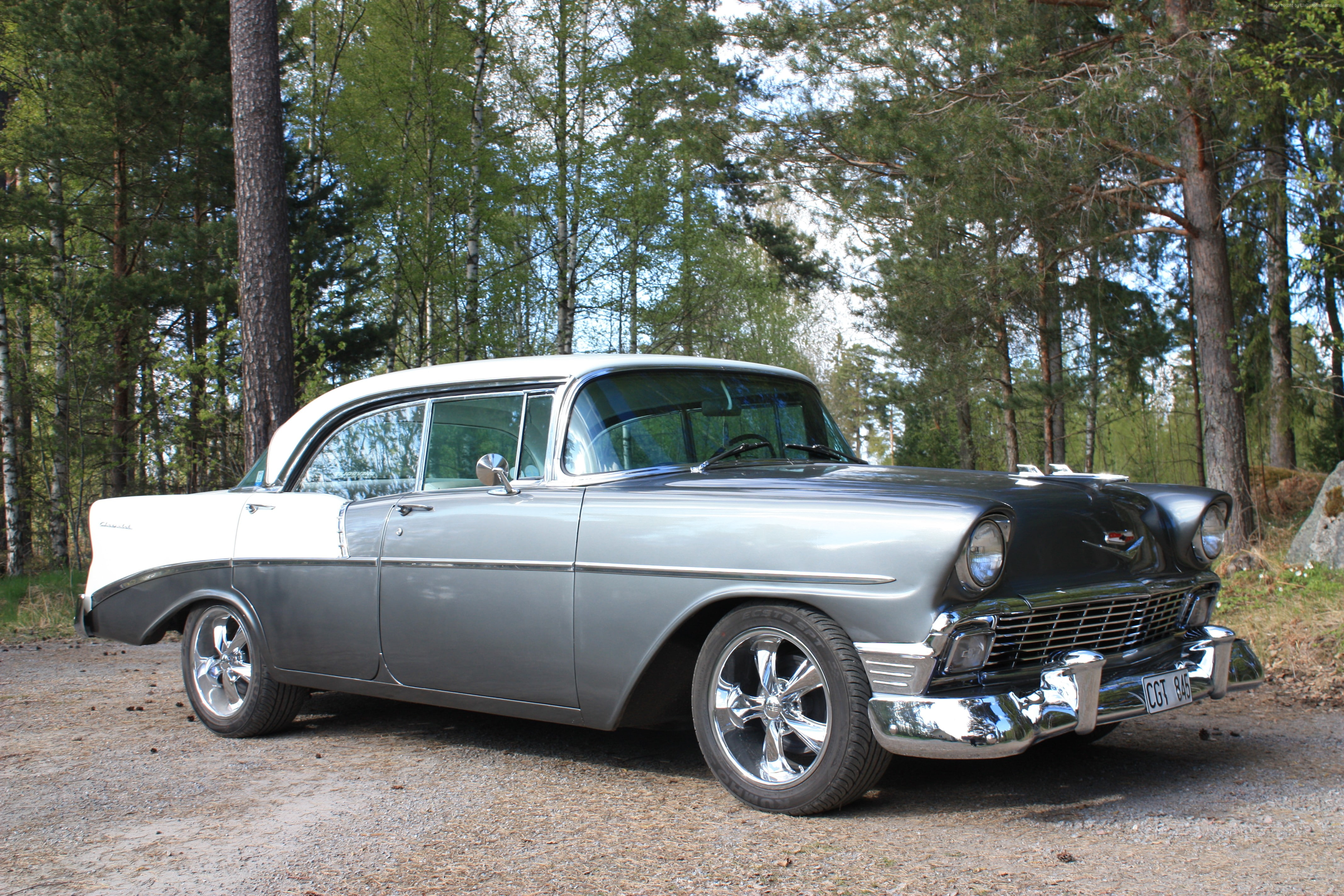 4K, sedan, Chevrolet 210, blue, Two-Ten, forest, 1956, Chevy, classic cars, Chevrolet, HD Wallpaper