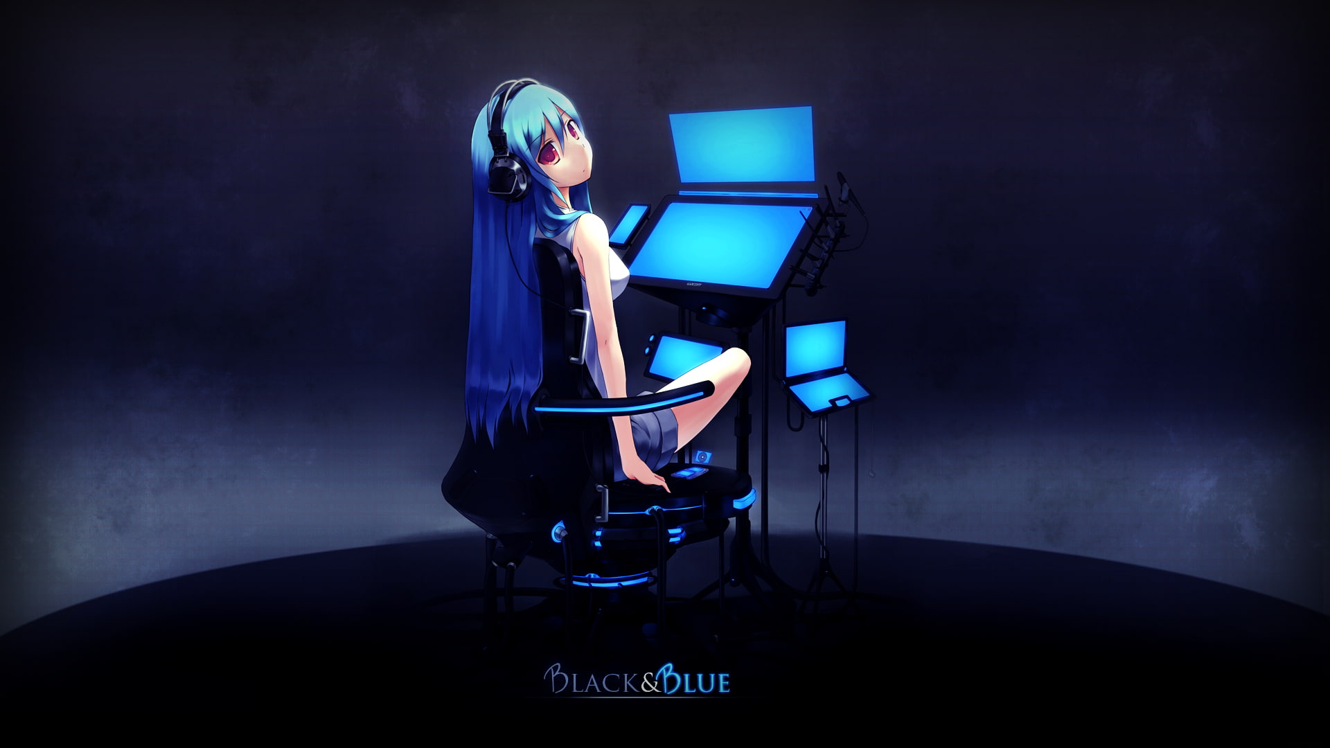 illuminated, music, anime, black background, photographic equipment, spotlight, communication, front view, anime girls, equipment, studio shot, film studio, HD Wallpaper