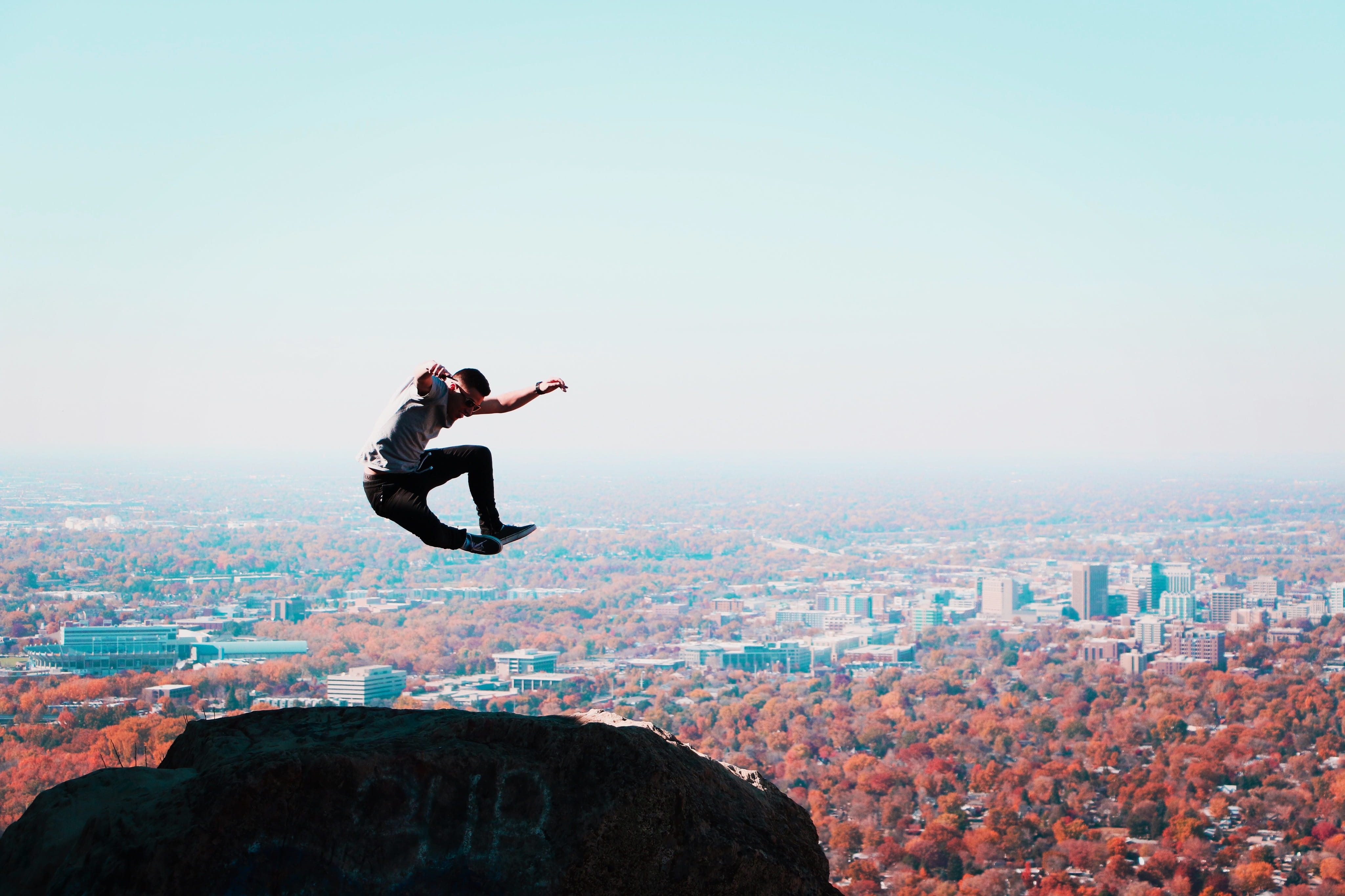 sky, cityscape, men, mid-air, trees, adult, nature, idahome, table rock, outdoors, leisure activity, rock, building exterior, boise, leaf, young adult, HD Wallpaper