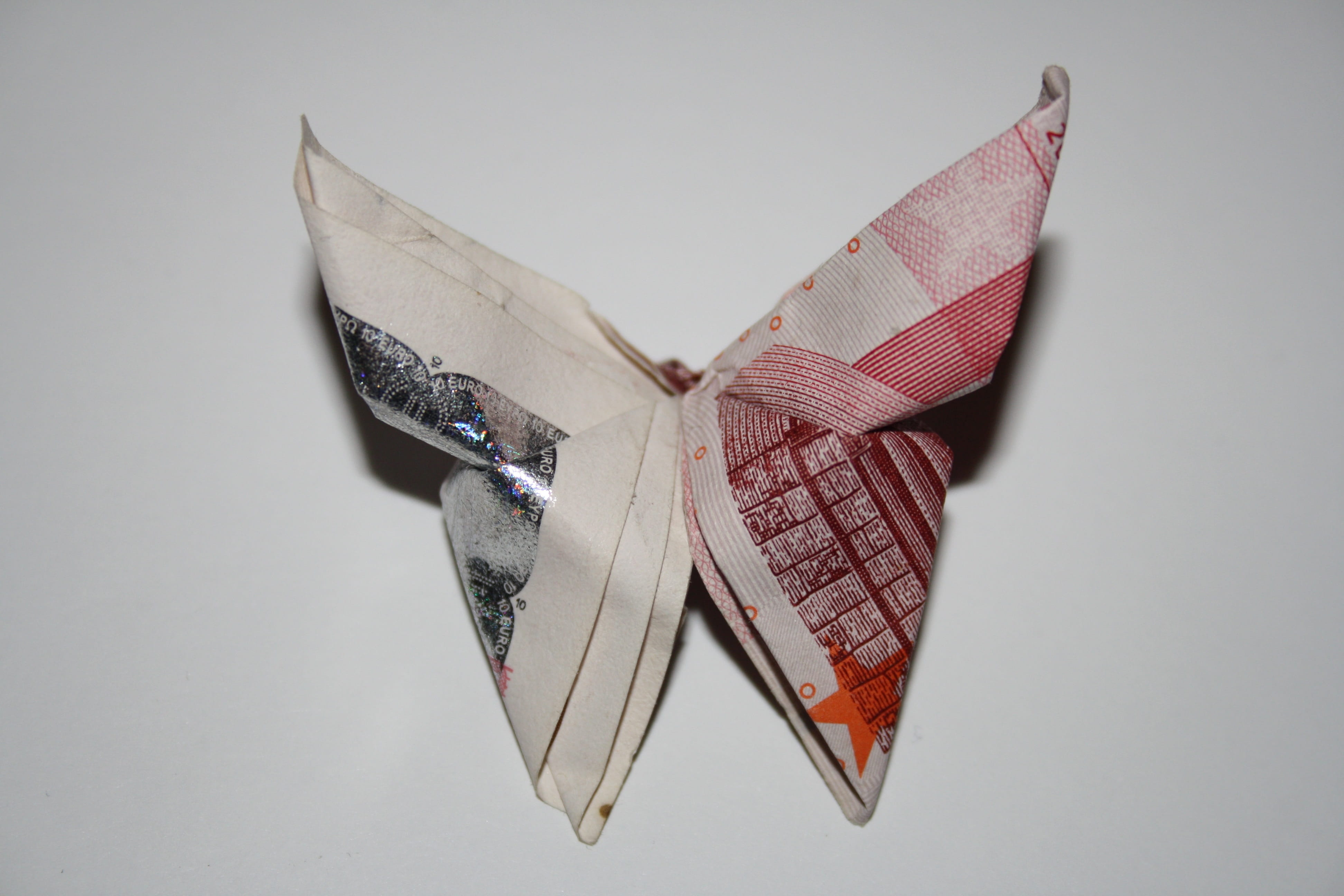 ribbon, Butterfly, symbol, insect, indoors, animal representation, financial, creativity, euro, white background, close-up, folded, Banknote, origami, investment, HD Wallpaper