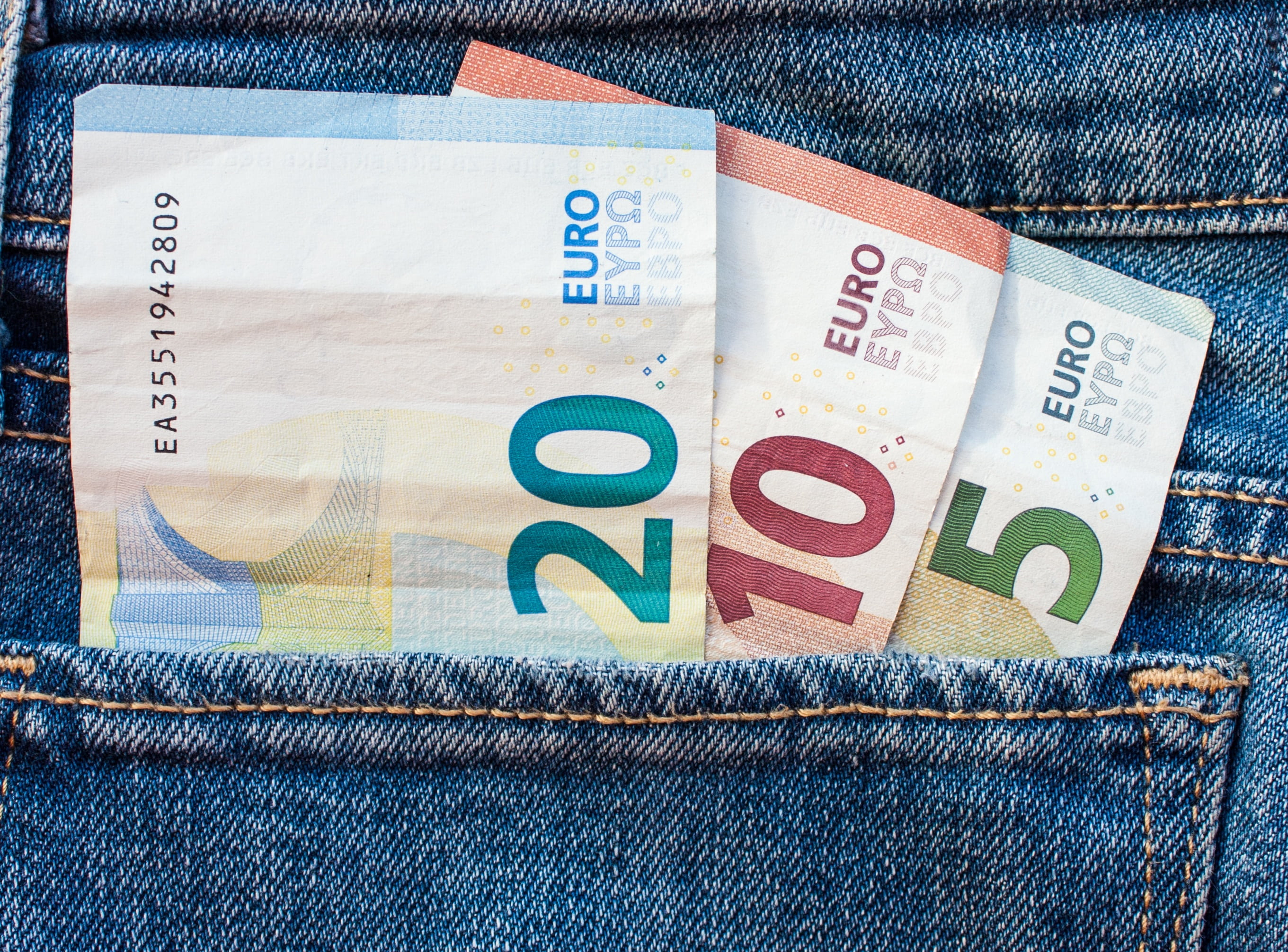 blue, paper currency, banknotes, bills, number, currency, jeans, economy, wealth, denim, pocket, indoors, close-up, no people, the european union, business, HD Wallpaper