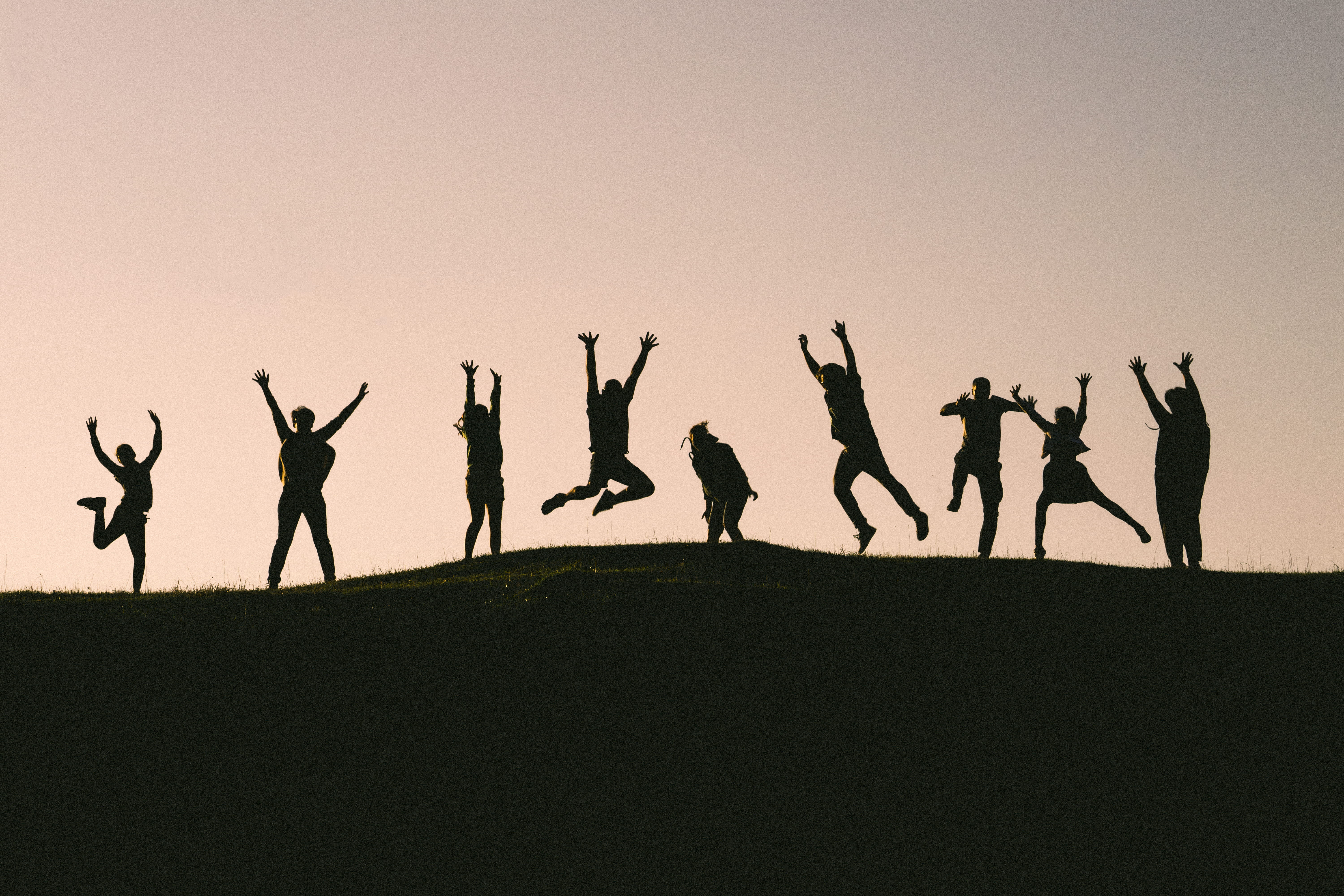vitality, hands in the air, human body part, young men, dark, persons, arms raised, 5K, copy space, frolic, silhouette, person, sky, contre jour, medium group of people, HD Wallpaper