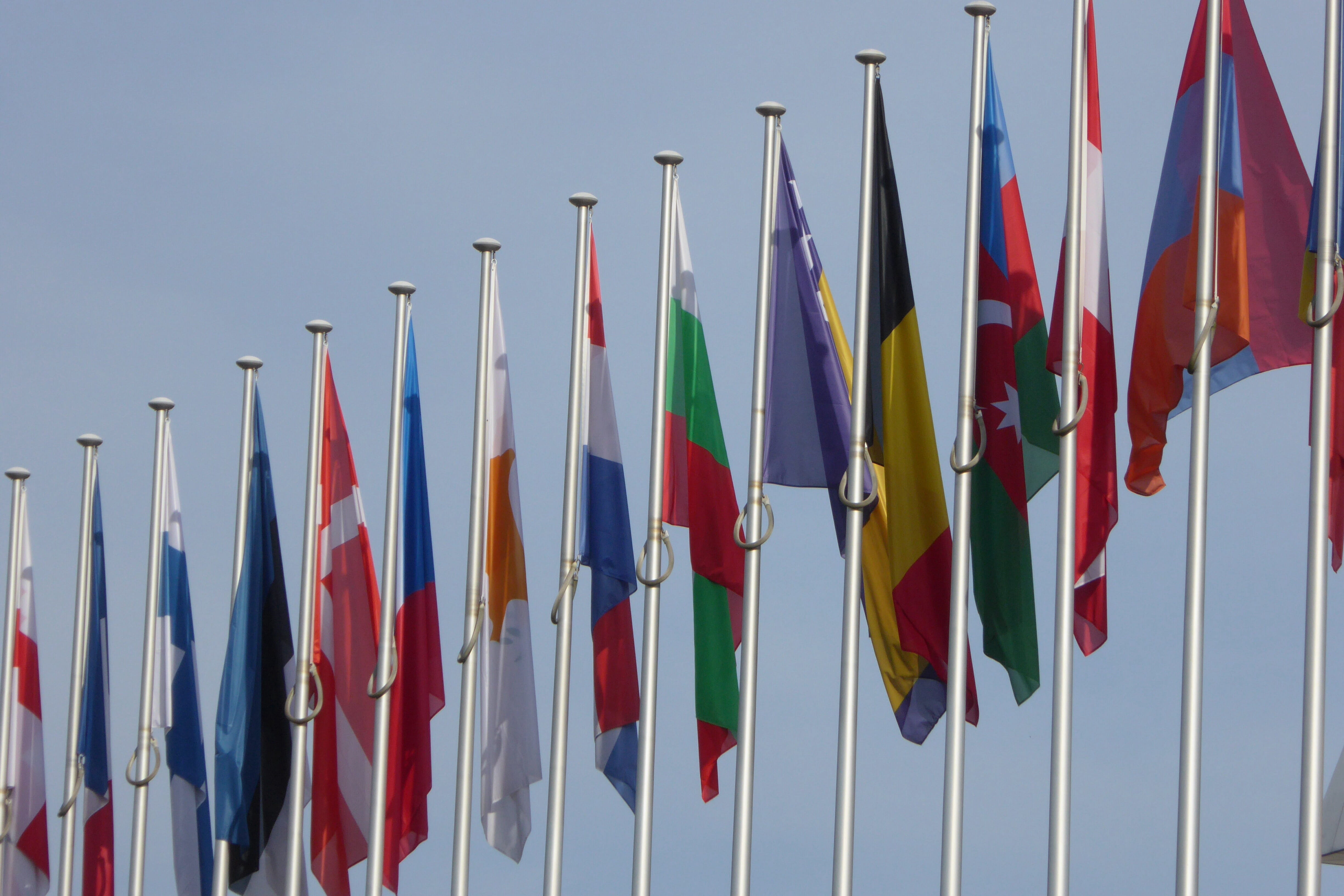 strasbourg, parliament, european central bank, eu, blue, clear sky, euro crisis, pole, interest rate, outdoors, flags, europe, financial budget, variation, HD Wallpaper