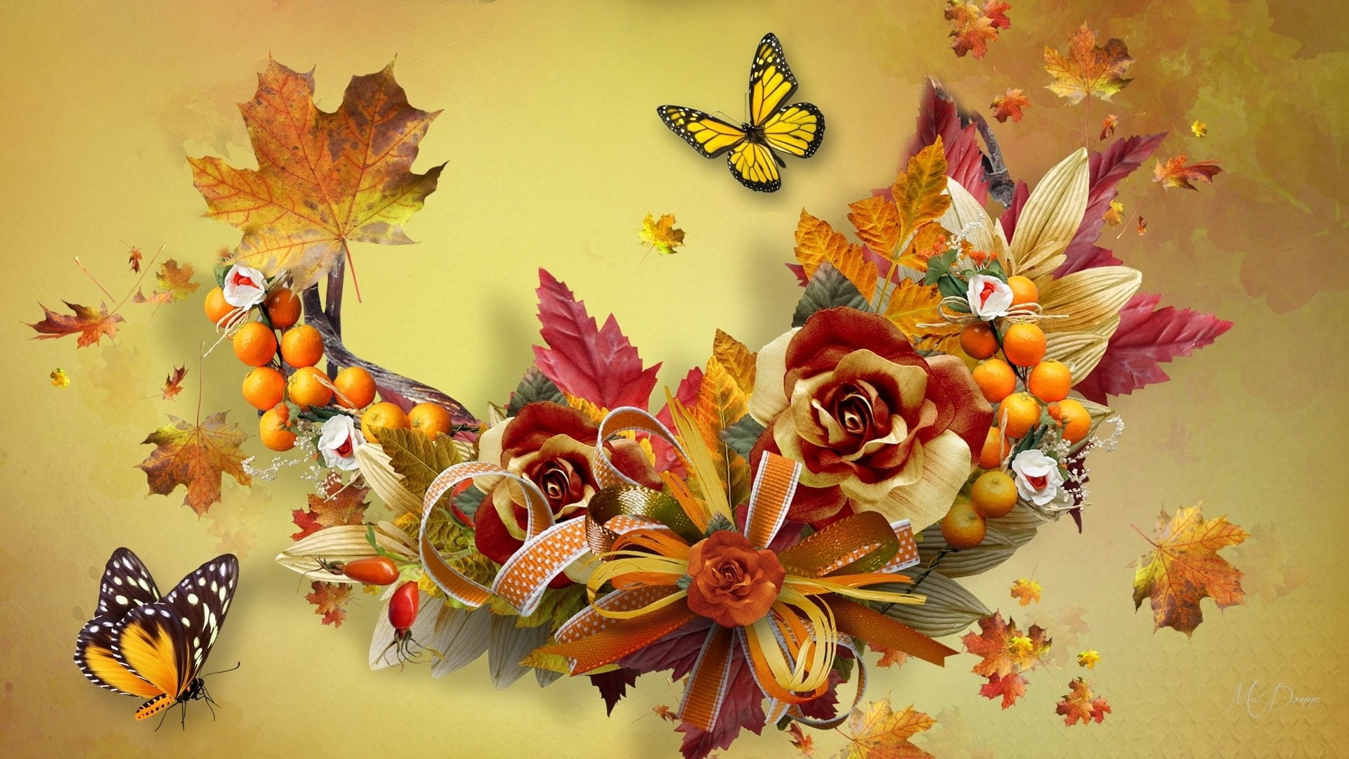 Butterfly, autumn, animal, close-up, Fall, flowering plant, indoors, representation, still life, nature, plant part, invertebrate, floral pattern, high angle view, HD Wallpaper