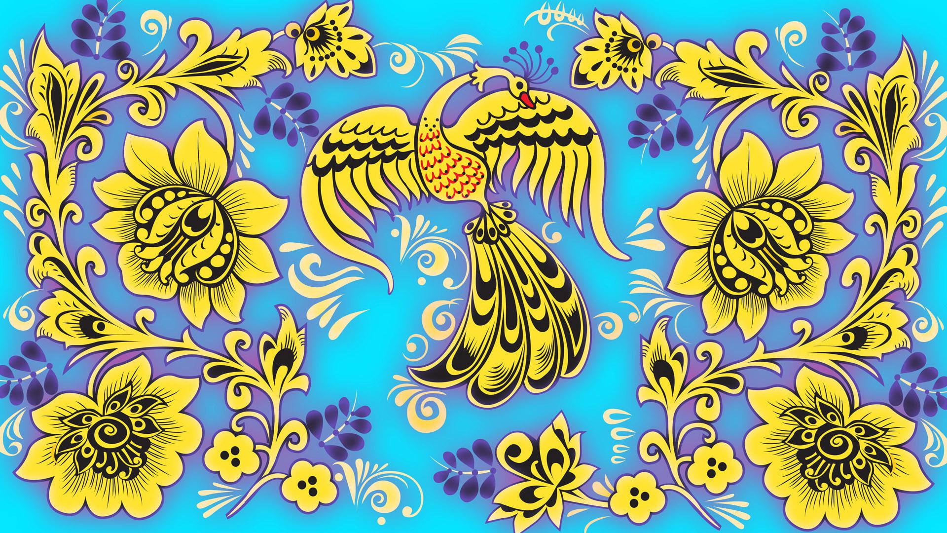 1080P, floral, peacock, bird, 1920x1080, vector, illustration, teal, flowers, yellow, HD Wallpaper