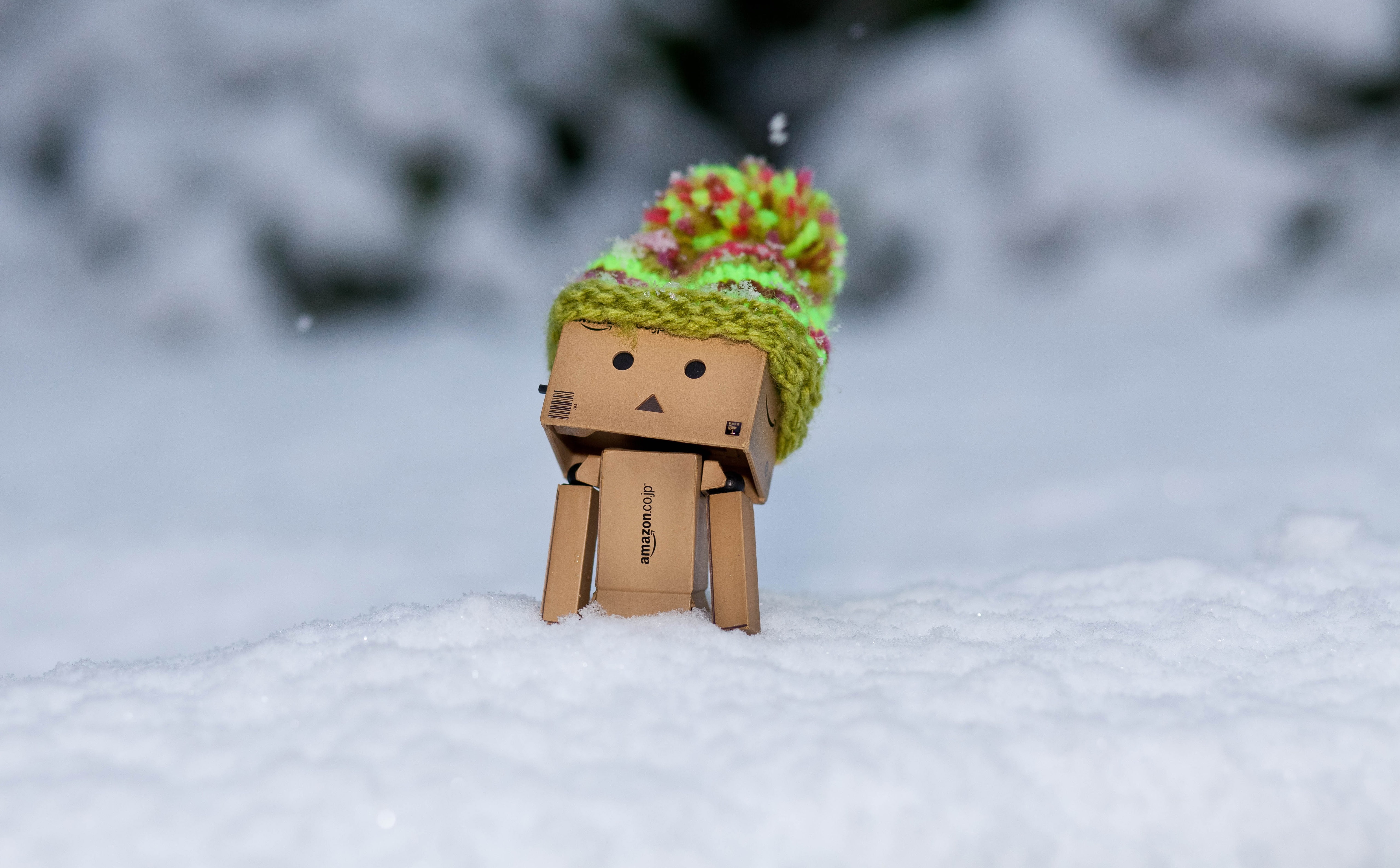 nature, anthropomorphic smiley face, toy, representation, field, danbo, male likeness, small, discovering, snow, craft, day, face, 5K, cold temperature, HD Wallpaper