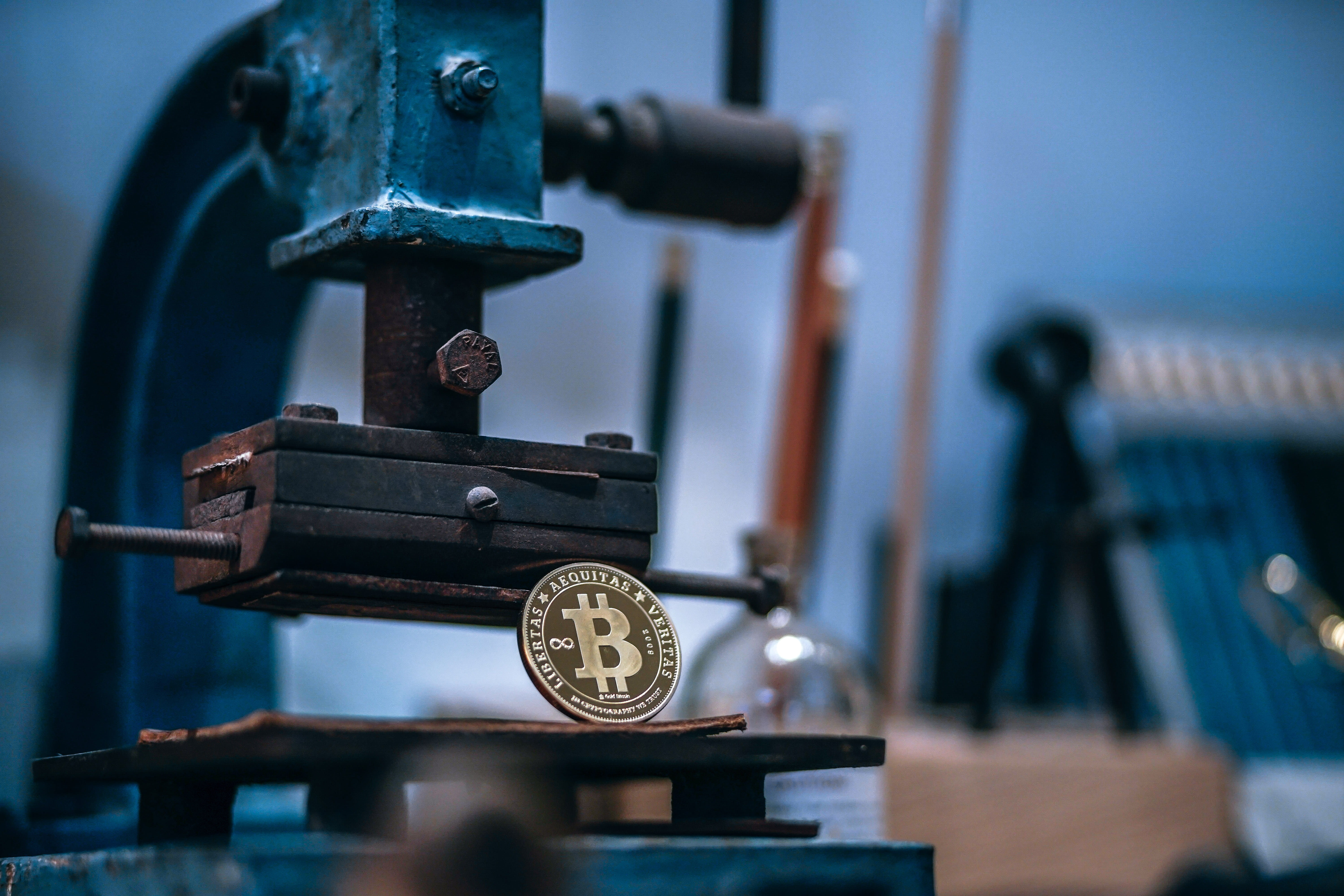 manufacturing equipment, craftsman, machine, plated, gold, equipment, bitcoin, metal, machinery, still life, clock, technology, hanging, worth, close-up, HD Wallpaper