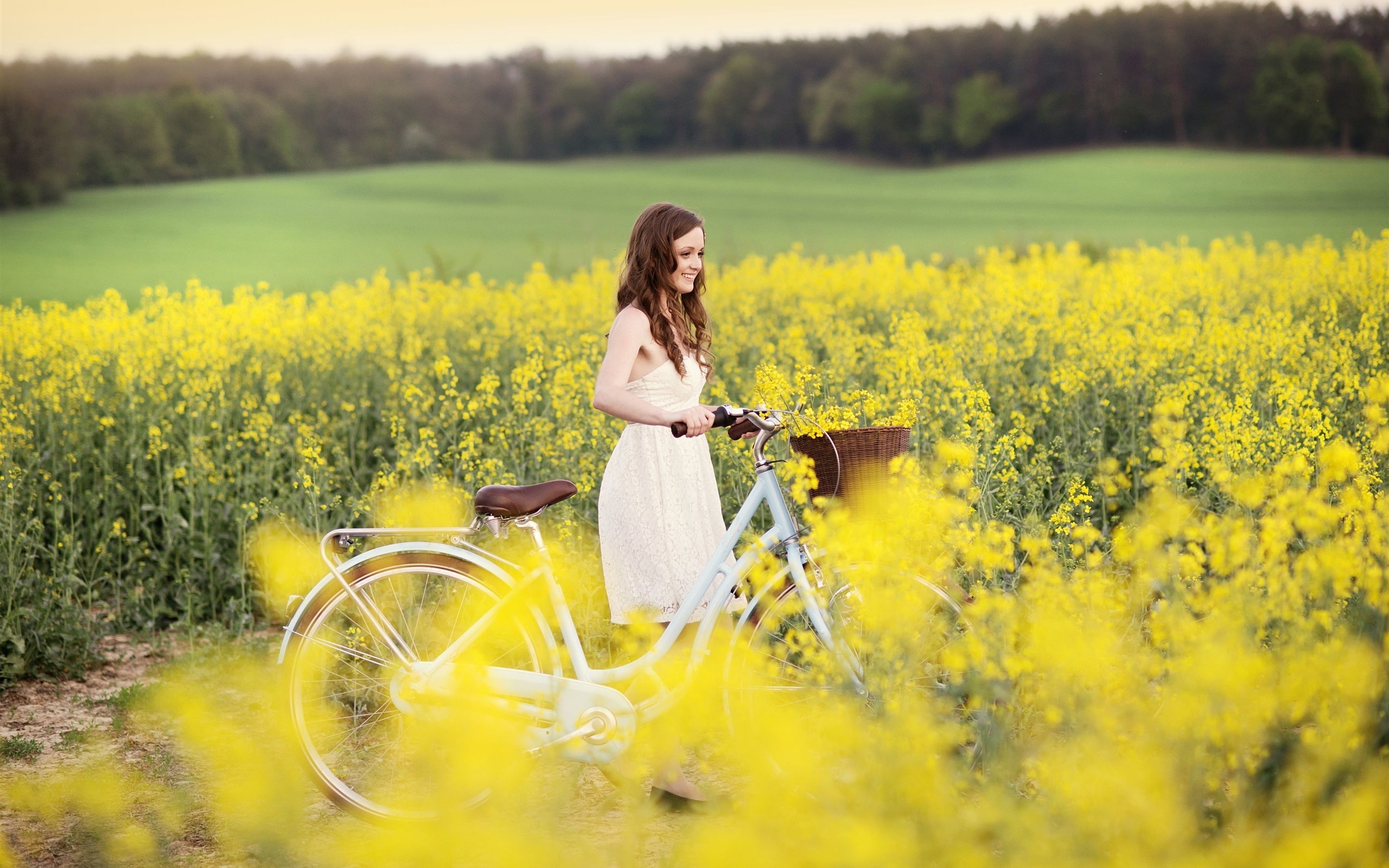 Smile, 2K, Bike, Flowers, Yellow, Joy, Girl, Field, HD Wallpaper
