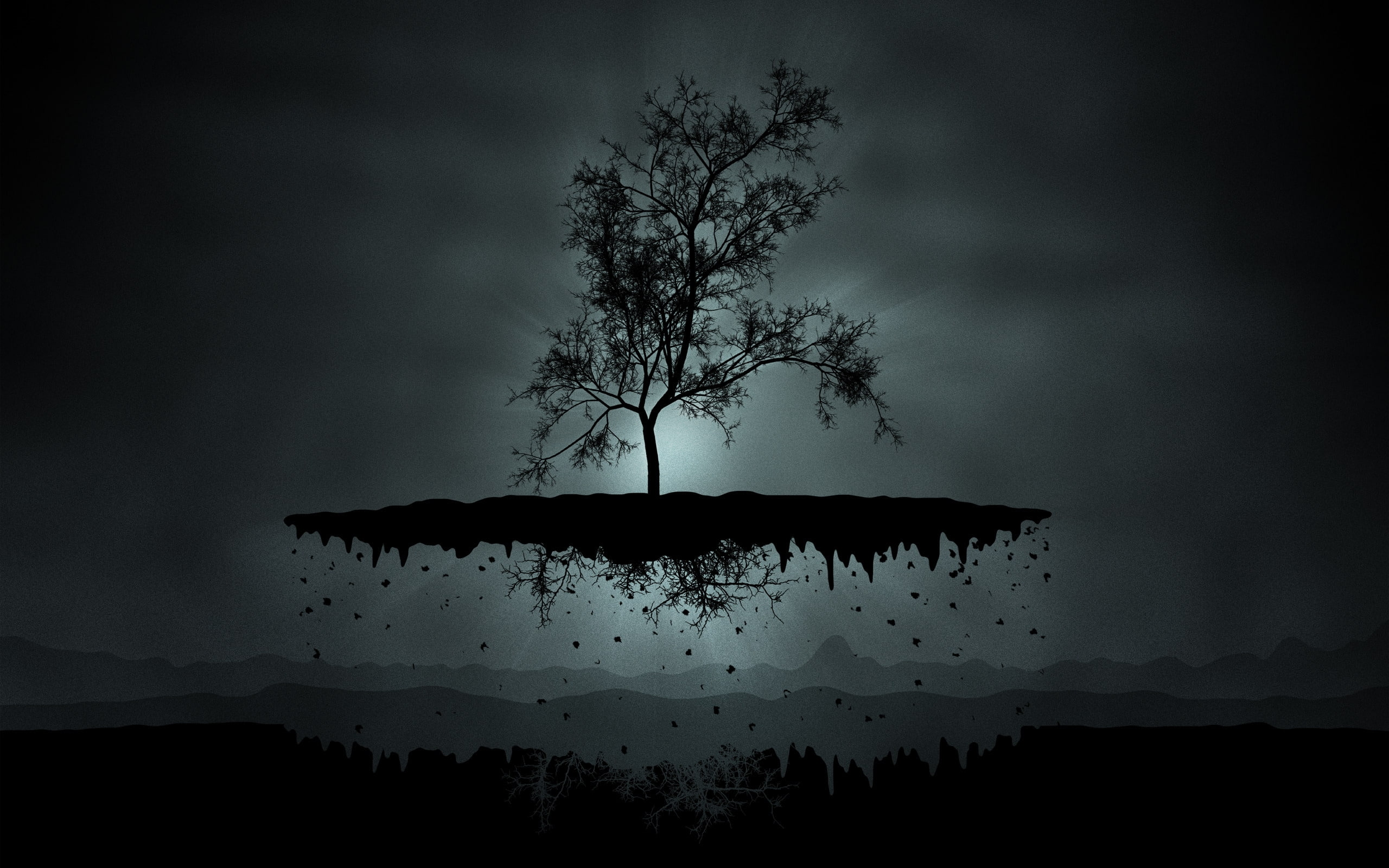 trying, grow, silhouette, background, photo, fantasy, 2K, tree, floating, dark, HD Wallpaper