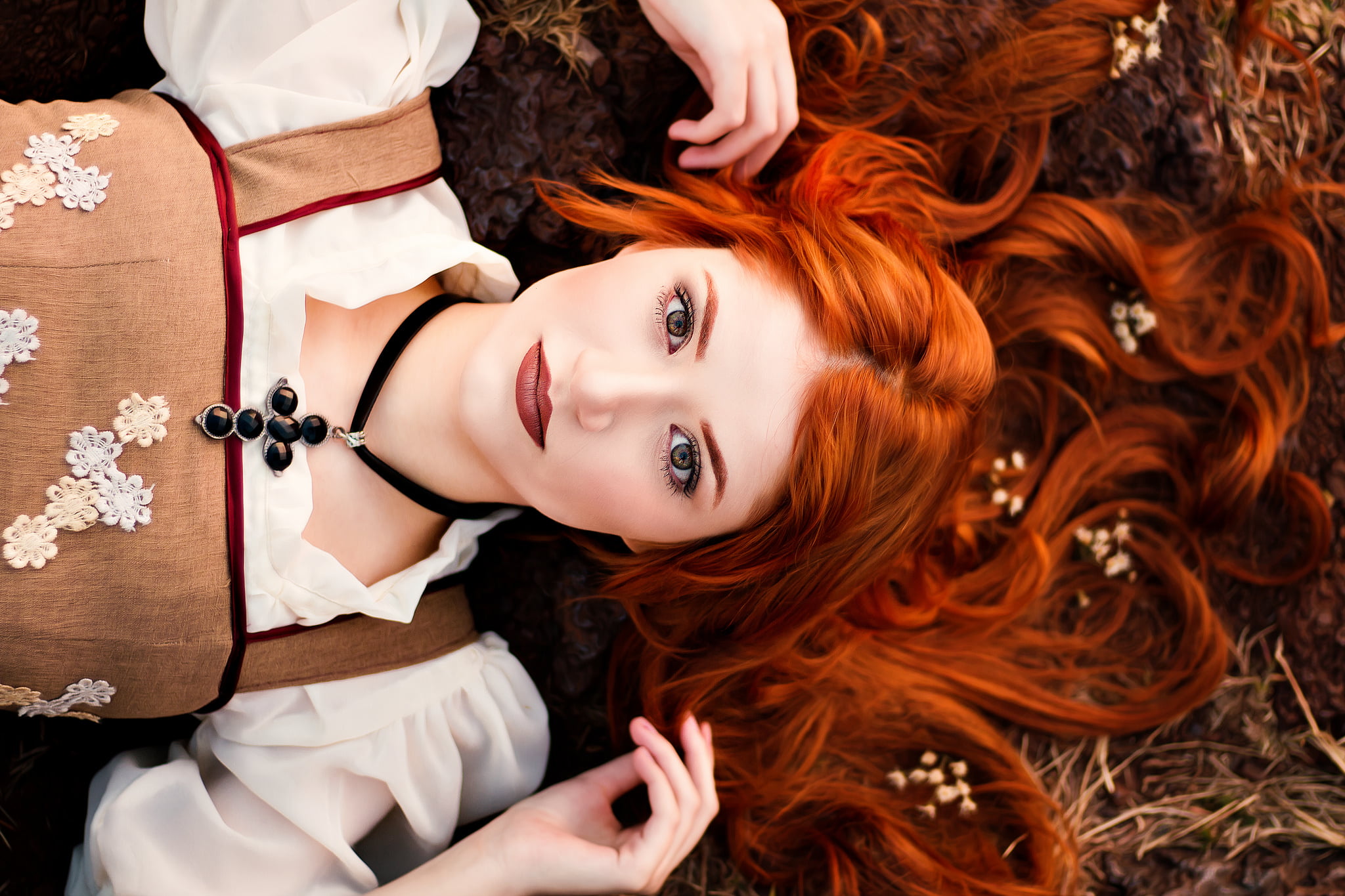 young adult, portrait, fashion, necklace, dress, looking at viewer, hair, looking at camera, headshot, real people, beauty, indoors, lying down, arms up, HD Wallpaper