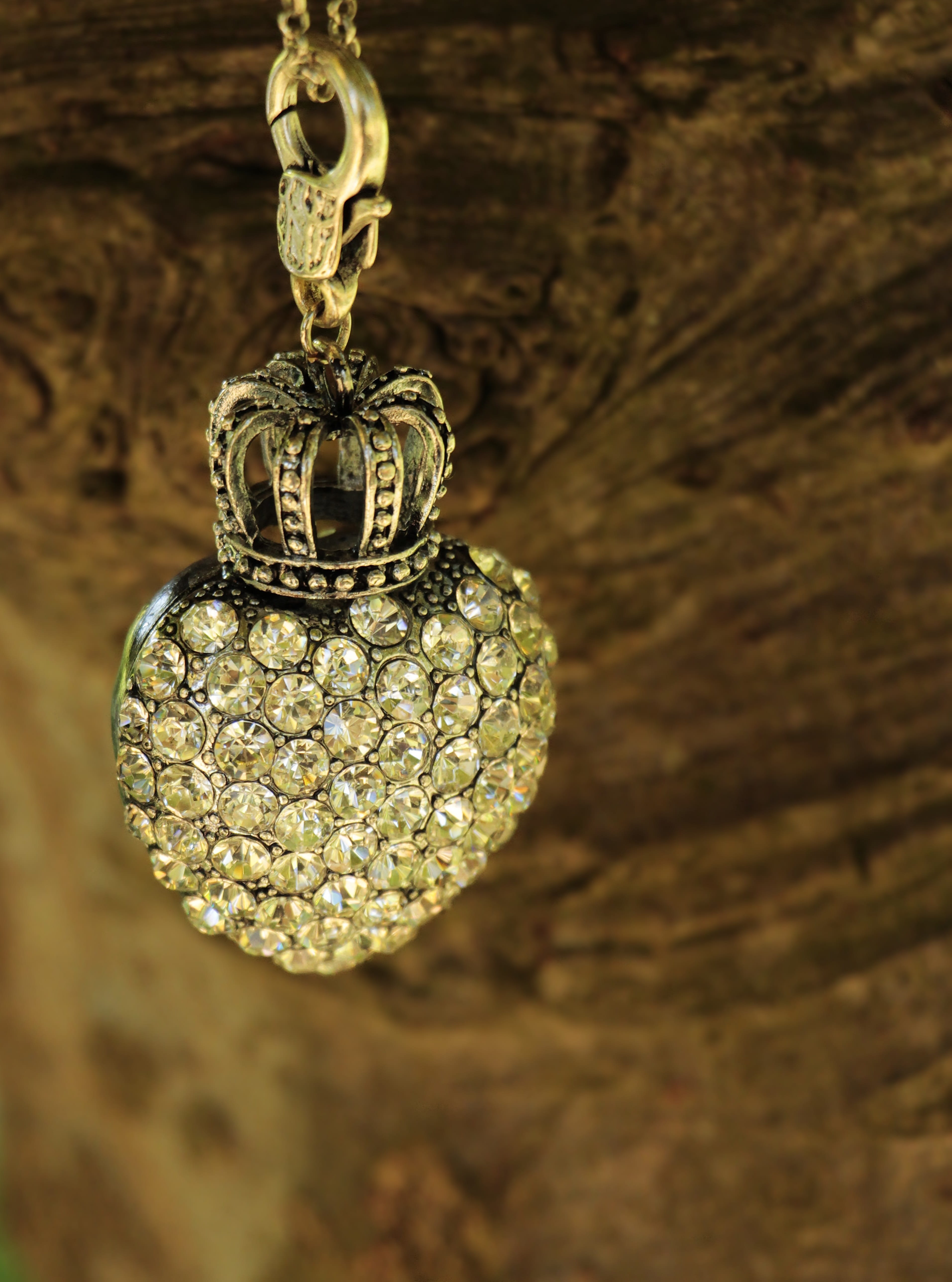 chain on the tree, creativity, tender, gold colored, crystals, shape, clear, wood - material, rhinestones, postcard, necklace, design, welcome, gold, still life, Phone HD Wallpaper