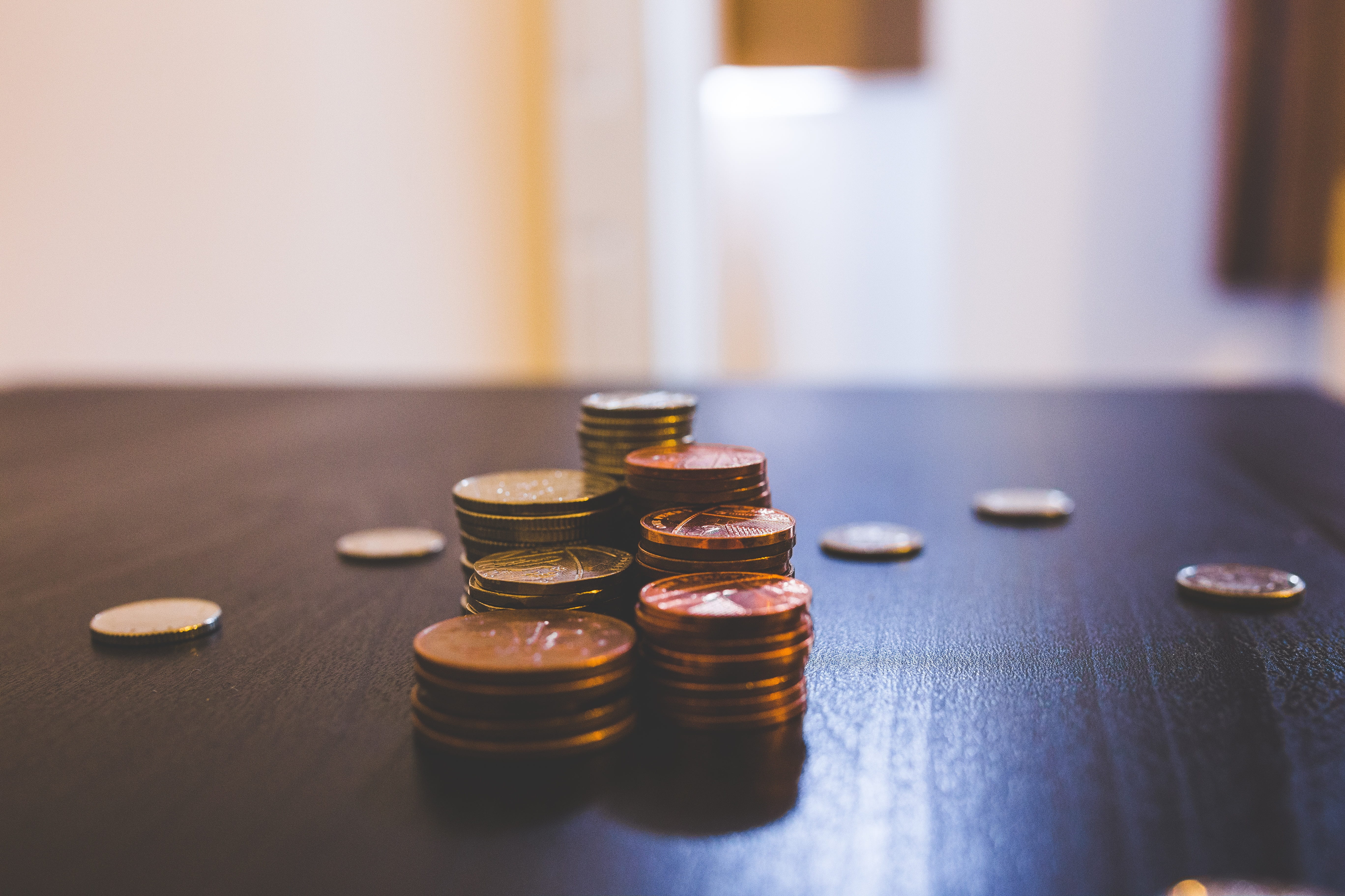 stacked, wealth, group of objects, coin, leisure games, blur, pill, no people, stack of coins, still life, indoors, 5K, color, bronze, table, close-up, HD Wallpaper