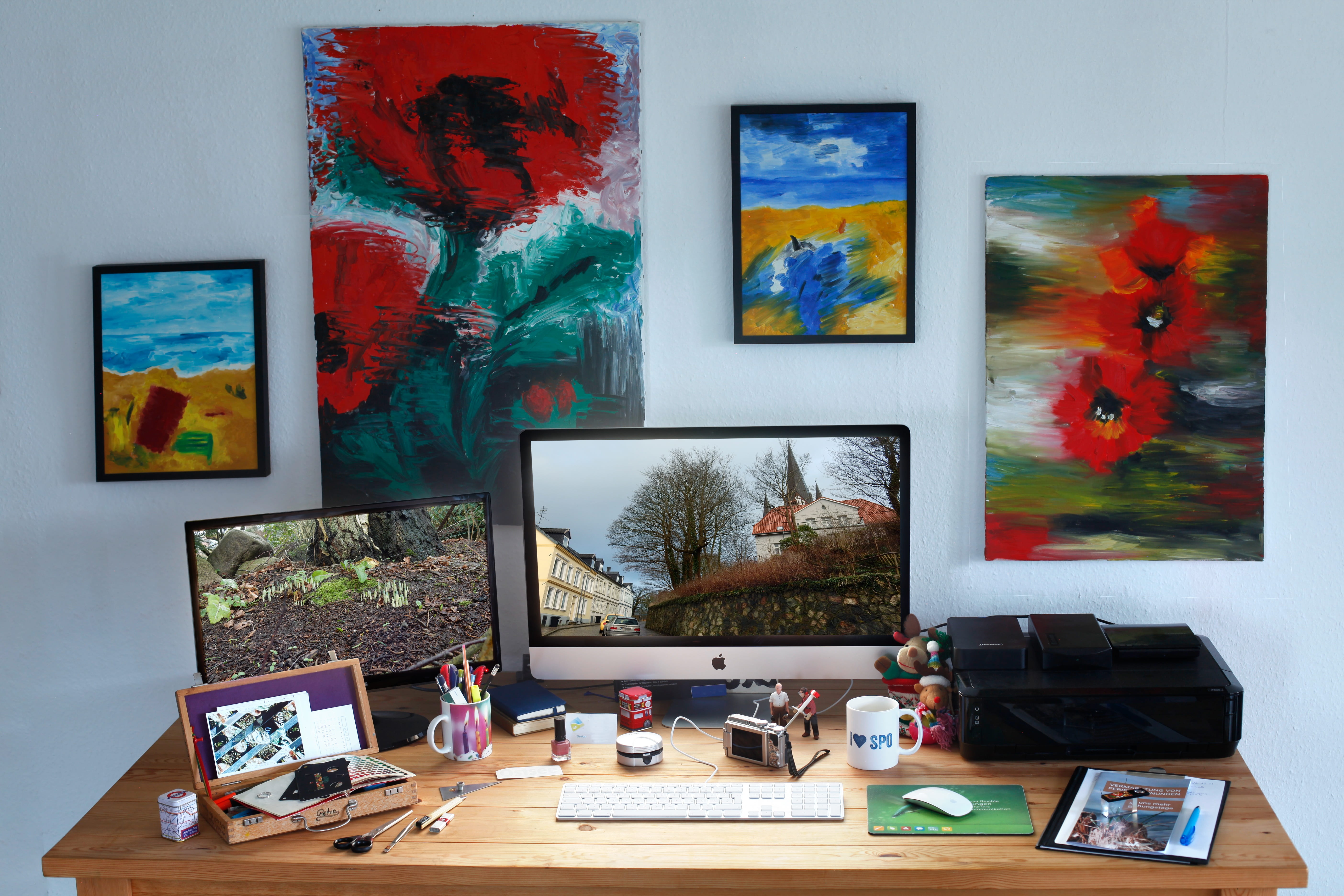 monitor, wall - building feature, printer, creative, indoors, paint, flower, workplace, vase, business, mockup, imac, oil paintings, representation, keyboard, HD Wallpaper