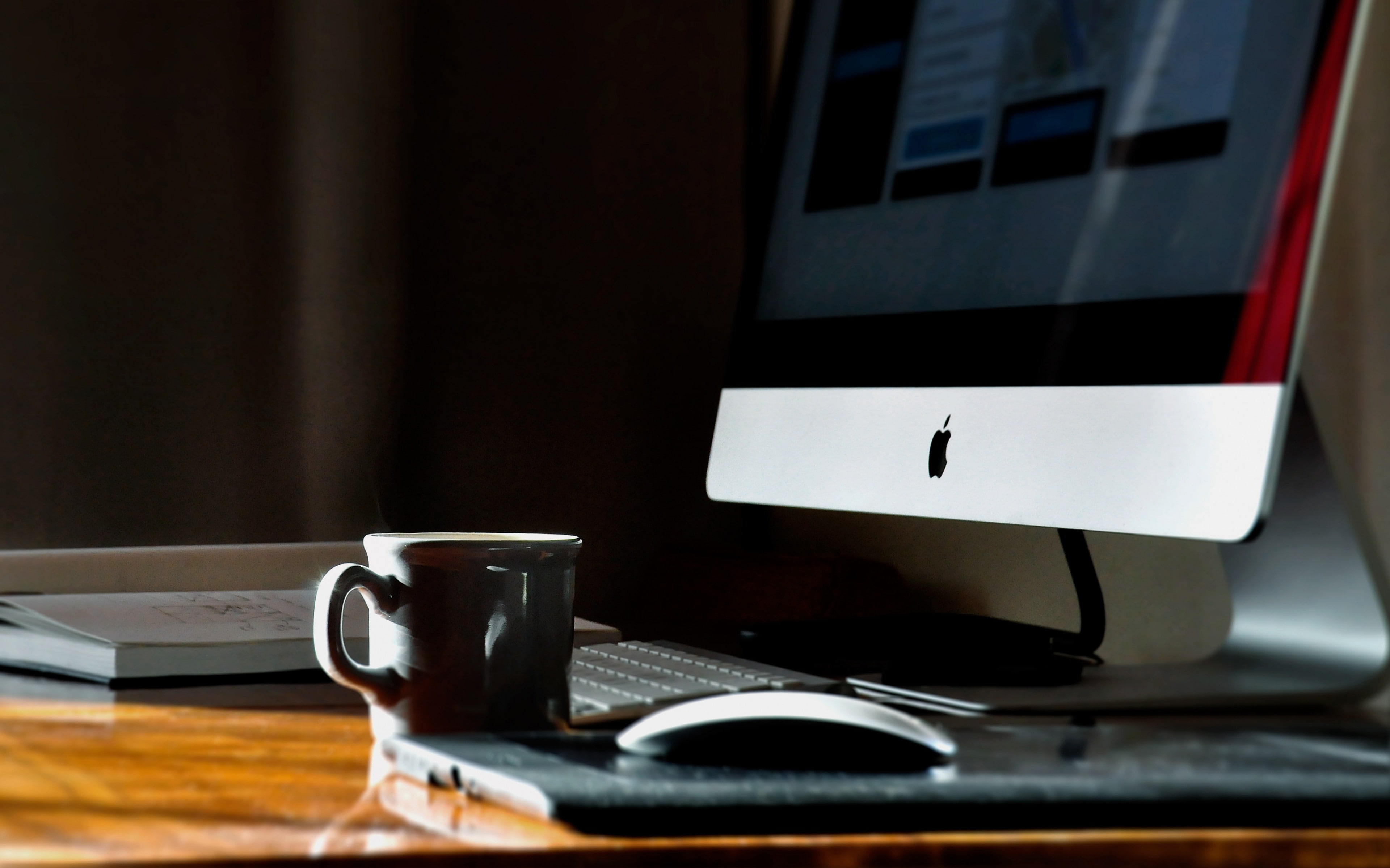 Notebook, apple backgrounds, imac, computer, cup, Table, Download 3840x2400 lmac, 4K, HD Wallpaper