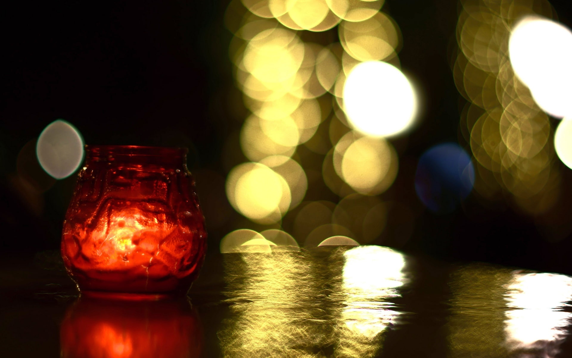 fullscreen, fire, light, table, Bank, red, mood, widescreen, blur, bokeh, HD, background, 1080P, full screen, candle, jar, HD Wallpaper