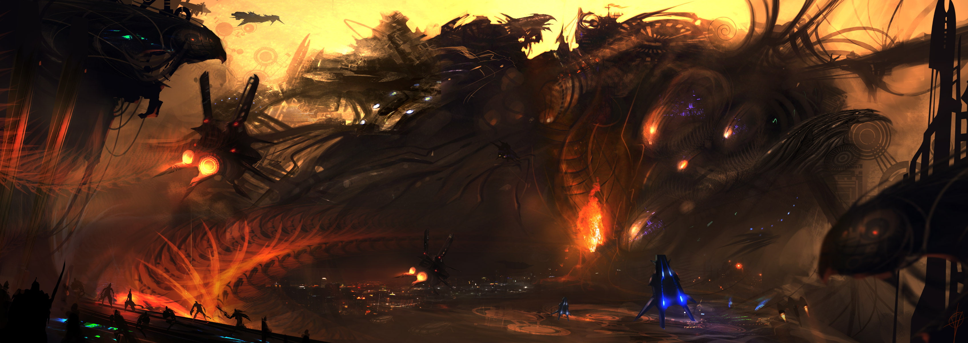 battle, monitor, warrior, 2K, art, dual, fire, sci, fi, fantasy, monster, Dark, screen, multi, horror, HD Wallpaper