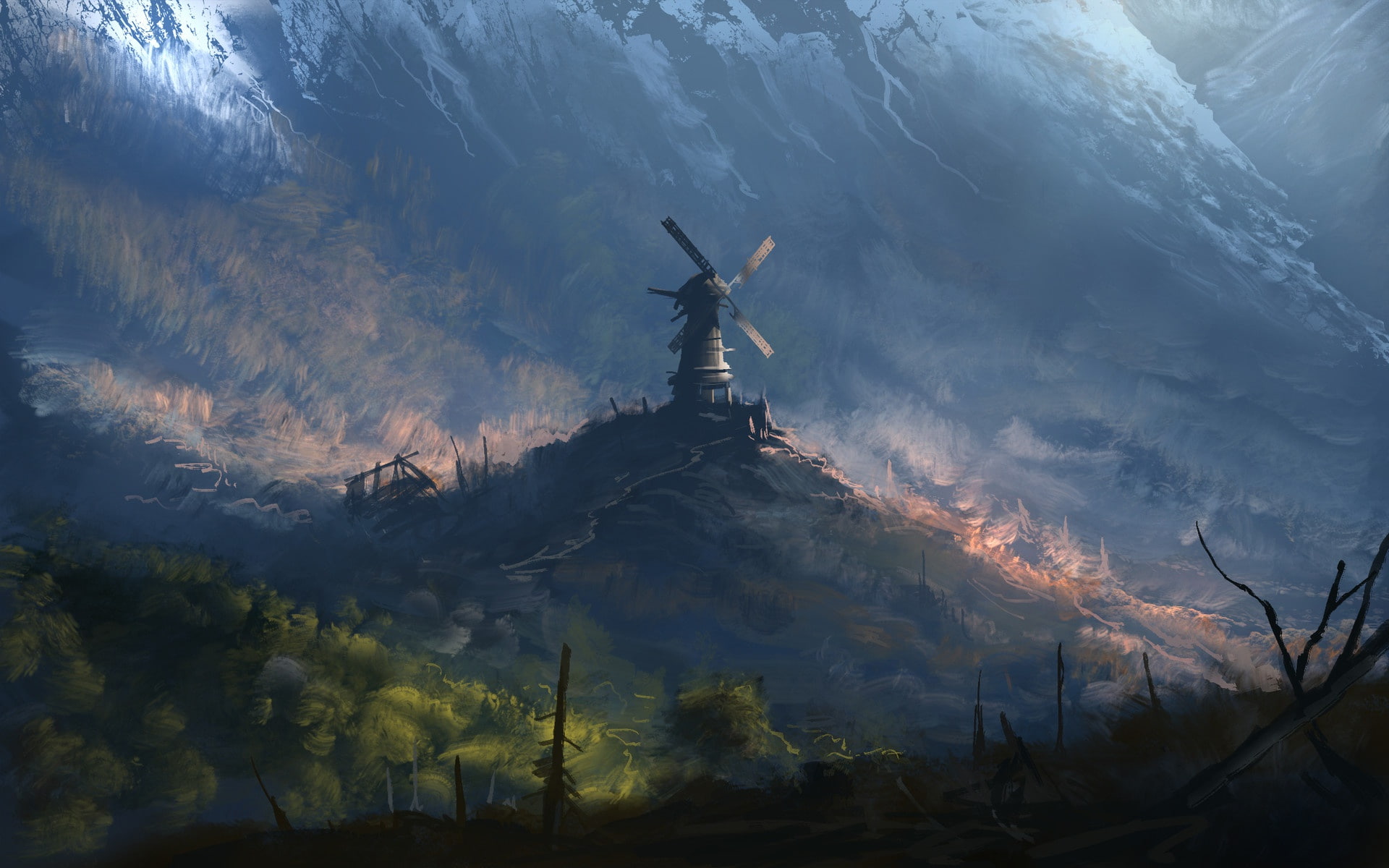 Landscape, Mountains, by Denis Loebner, Forest, Windmill, Fantasy, Mill, Forgotten windmill, Denis Loebner, 1080P, Forgotten mill, Art, HD Wallpaper