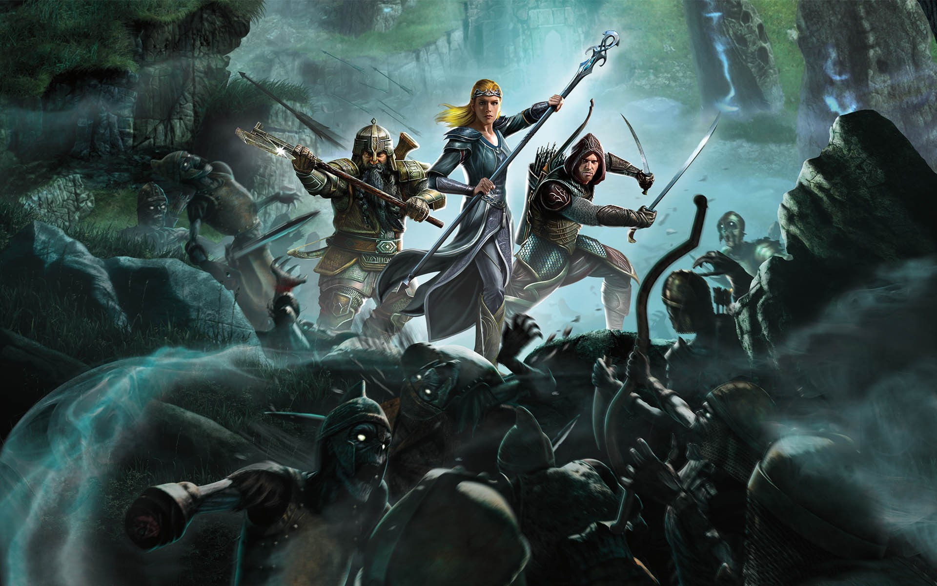 landscapes, rings, video, skeleton, dark, war, archer, people, elf, weapons, games, sword, haze, arrow, north, lord, zombie, warriors, skull, battle, mist, HD Wallpaper