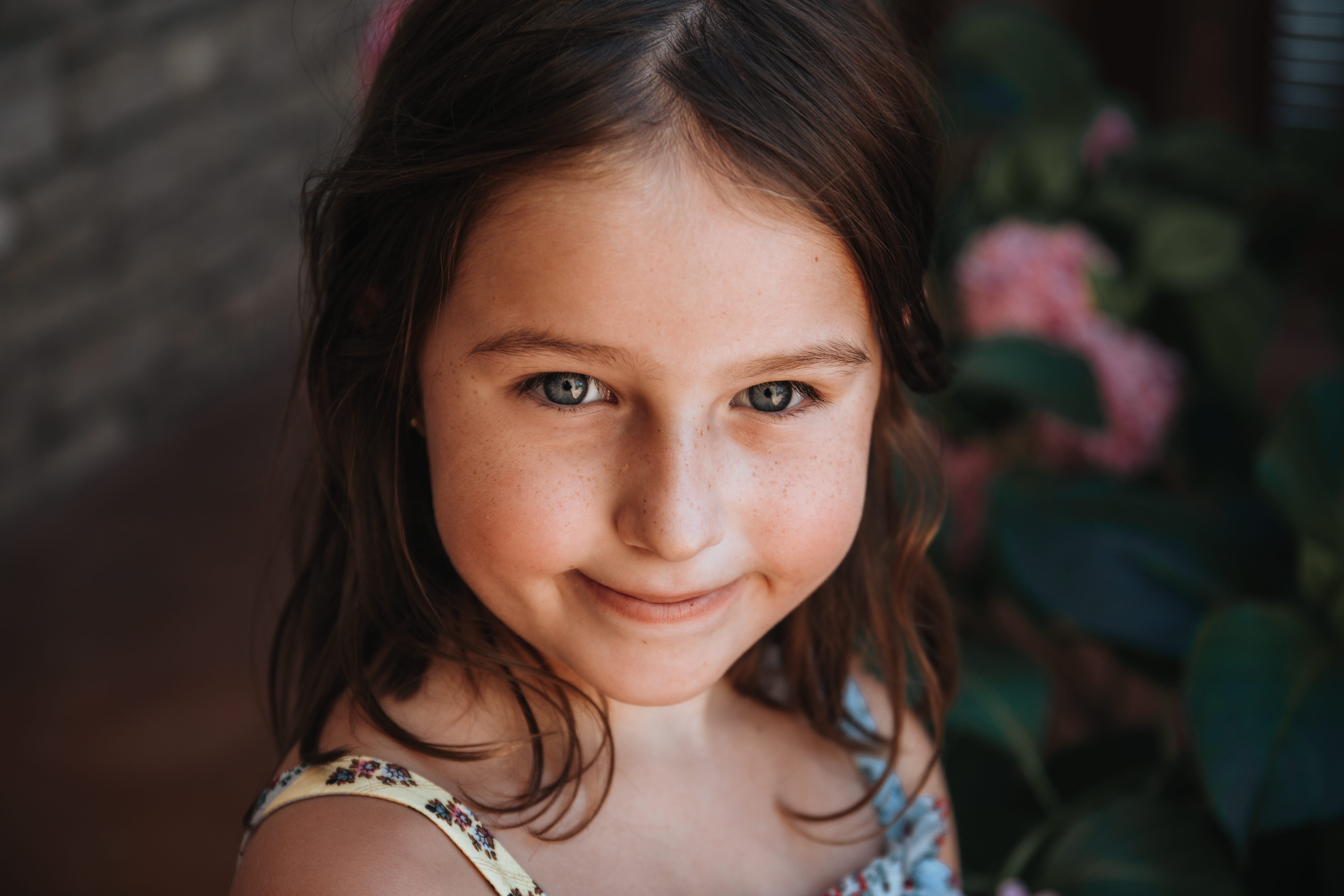 freckle, smiling, flowers, face, 5K, wearing, child, happiness, spaghetti, dark hair, person, females, body part, portrait, beautiful, strap, brown eyes, HD Wallpaper