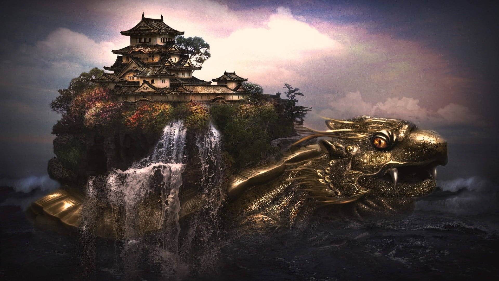 house, built structure, belief, digital art, the past, history, cloud - sky, water, outdoors, building, fantasy art, turtle, sky, black, 1080P, no people, HD Wallpaper