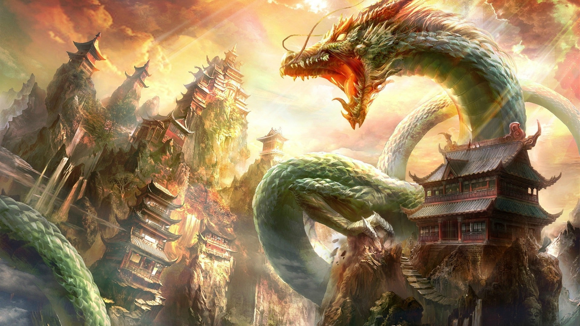 sunlight, 1080P, nature, house, clouds, fantasy Art, rock, dragon, Chinese Architecture, digital art, HD Wallpaper