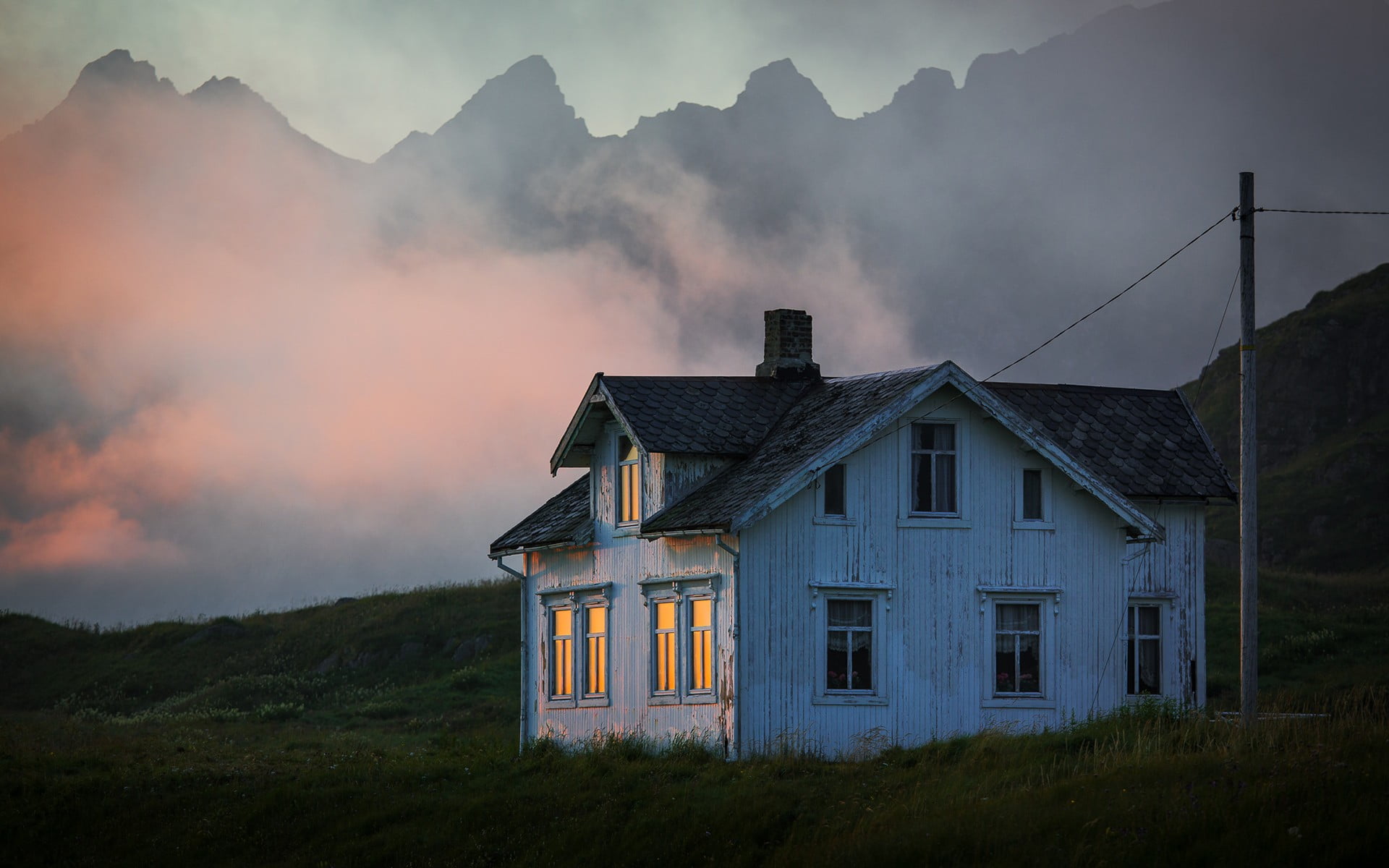 1080P, built structure, cottage, sunset, day, house, architecture, residential district, building exterior, dusk, wooden, land, white, mountain, nature, HD Wallpaper
