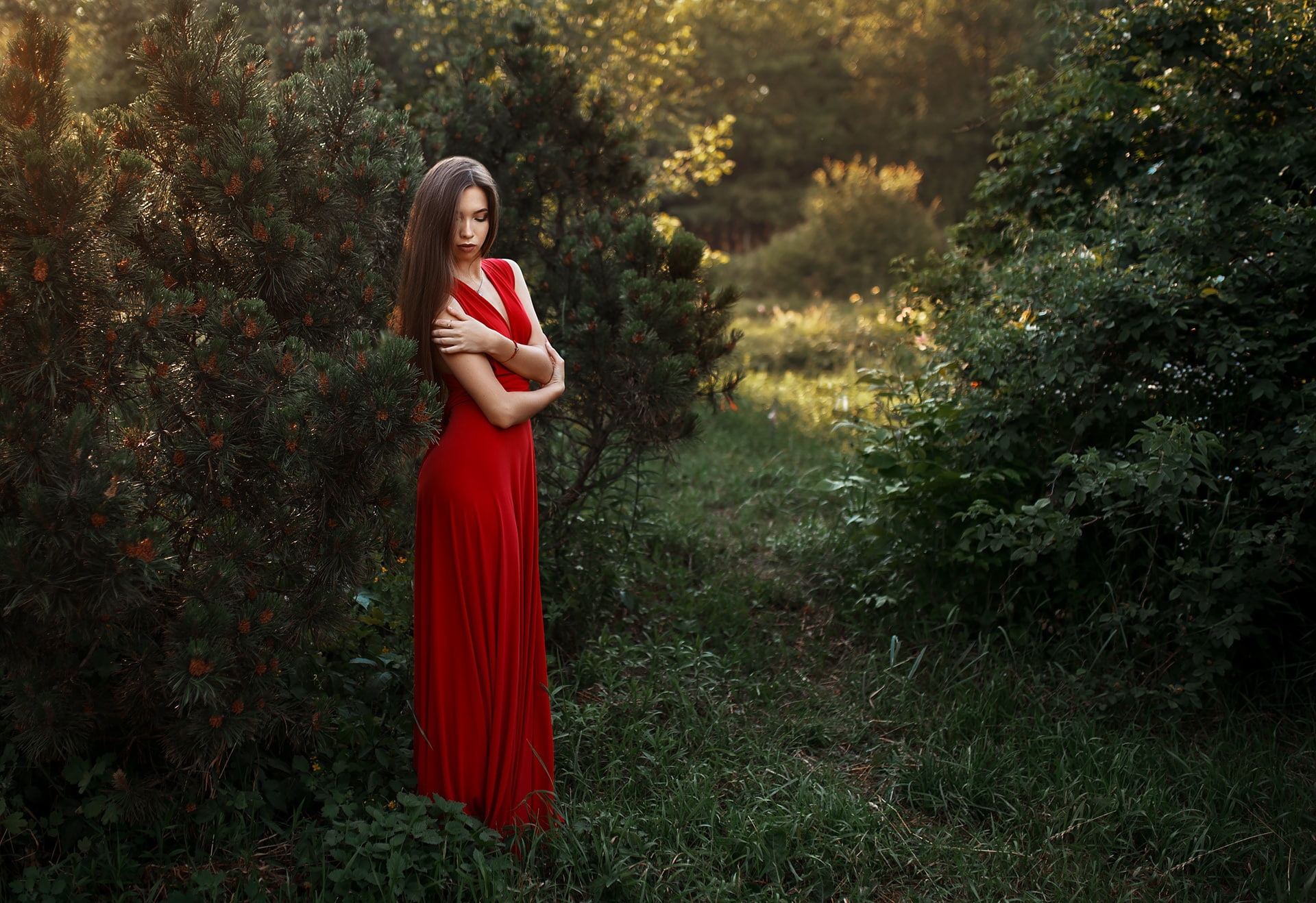 hair, outdoors, tree, brunette, young adult, plant, clothing, nature, one person, women outdoors, hairstyle, model, beautiful woman, hands on stomach, Albert Lesnoy, HD Wallpaper