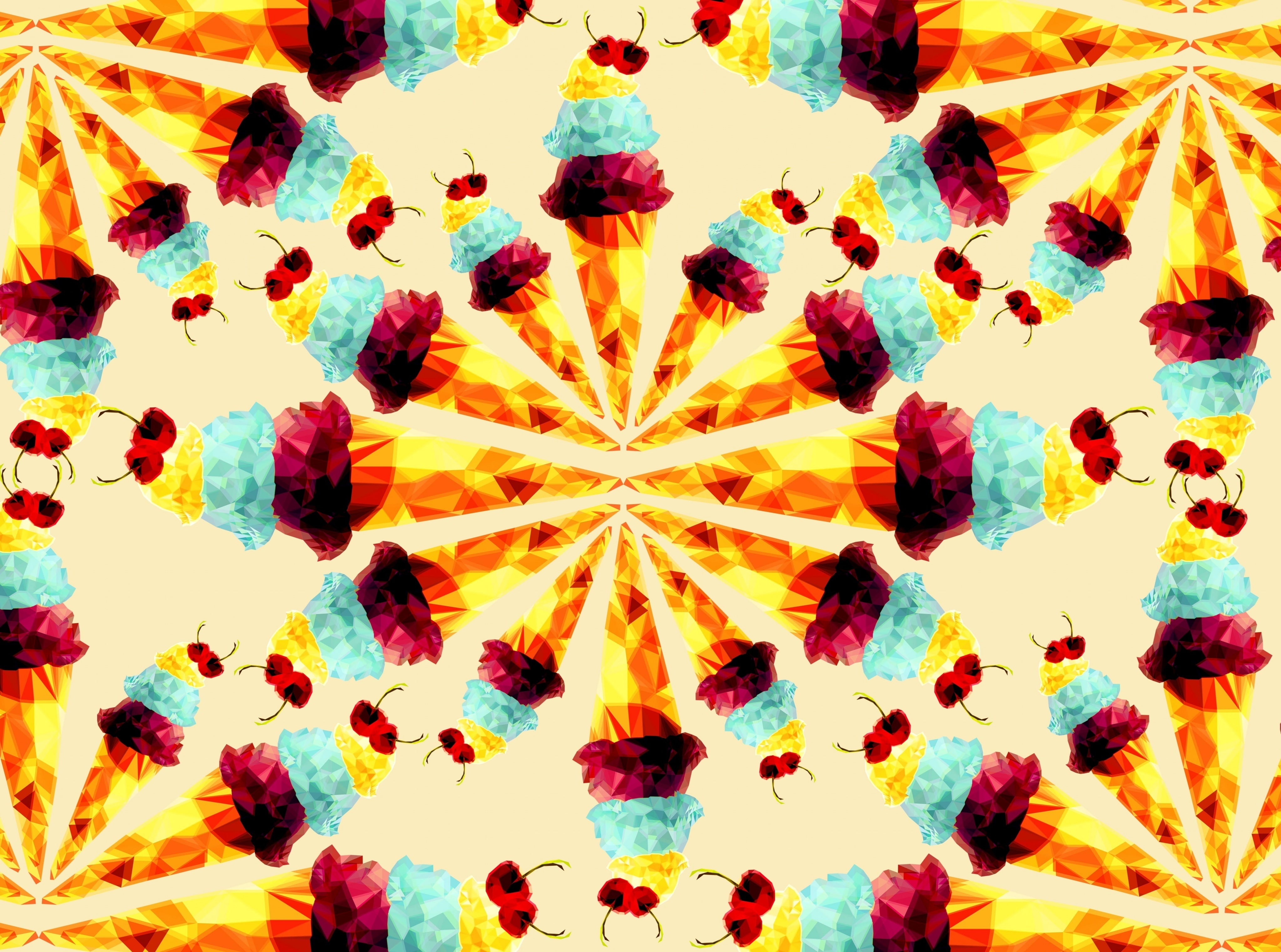 orange color, multi colored, yellow, circle, pattern, icecream, Artistic, cream, design, nature, collage, geometric shape, polygon, floral pattern, digital composite, HD Wallpaper