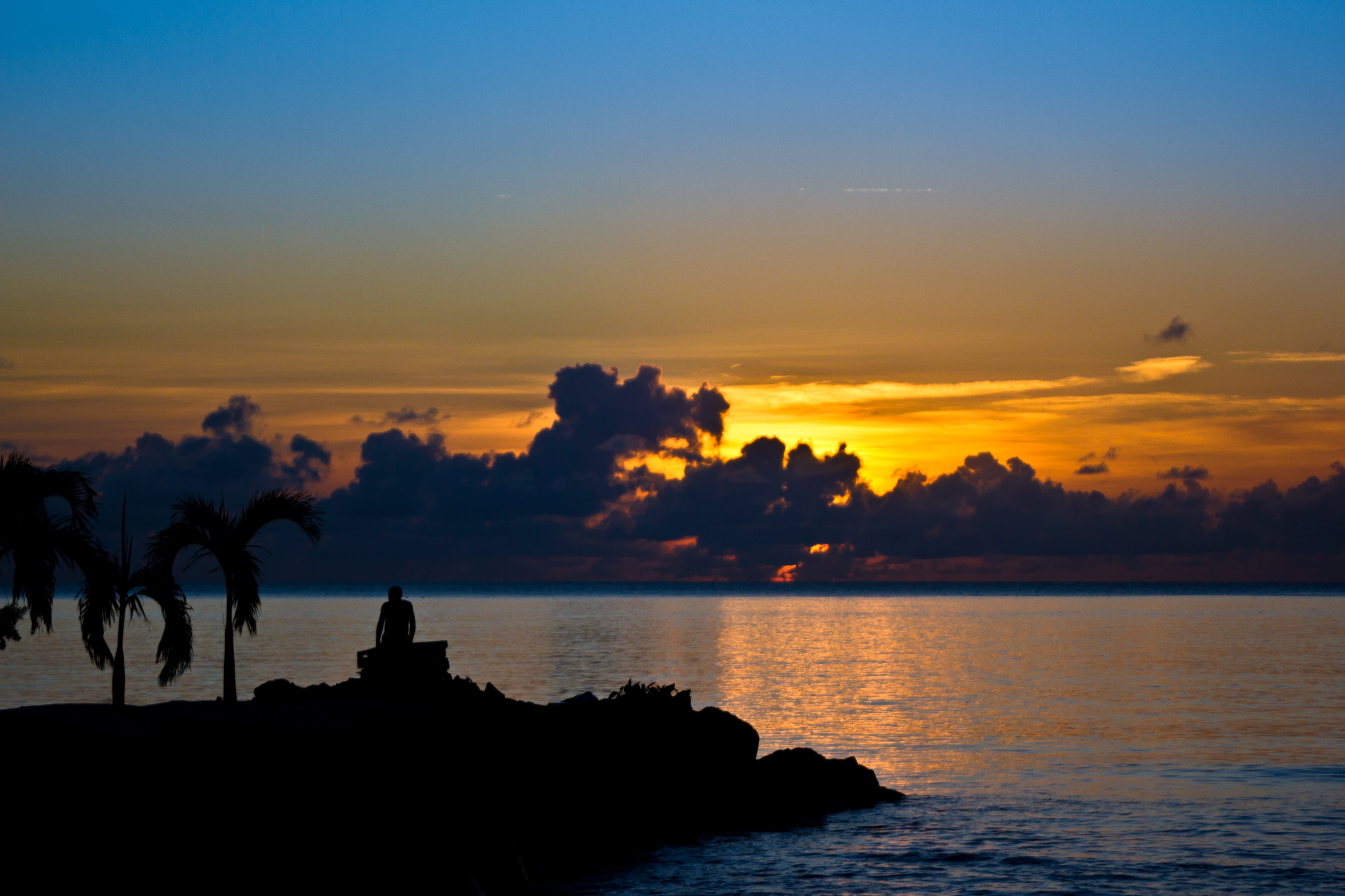 outdoors, horizon over water, beach, sunset, united kingdom, water, tranquil scene, orange color, st vincent and the grenadines, caribbean, tree, horizon, HD Wallpaper