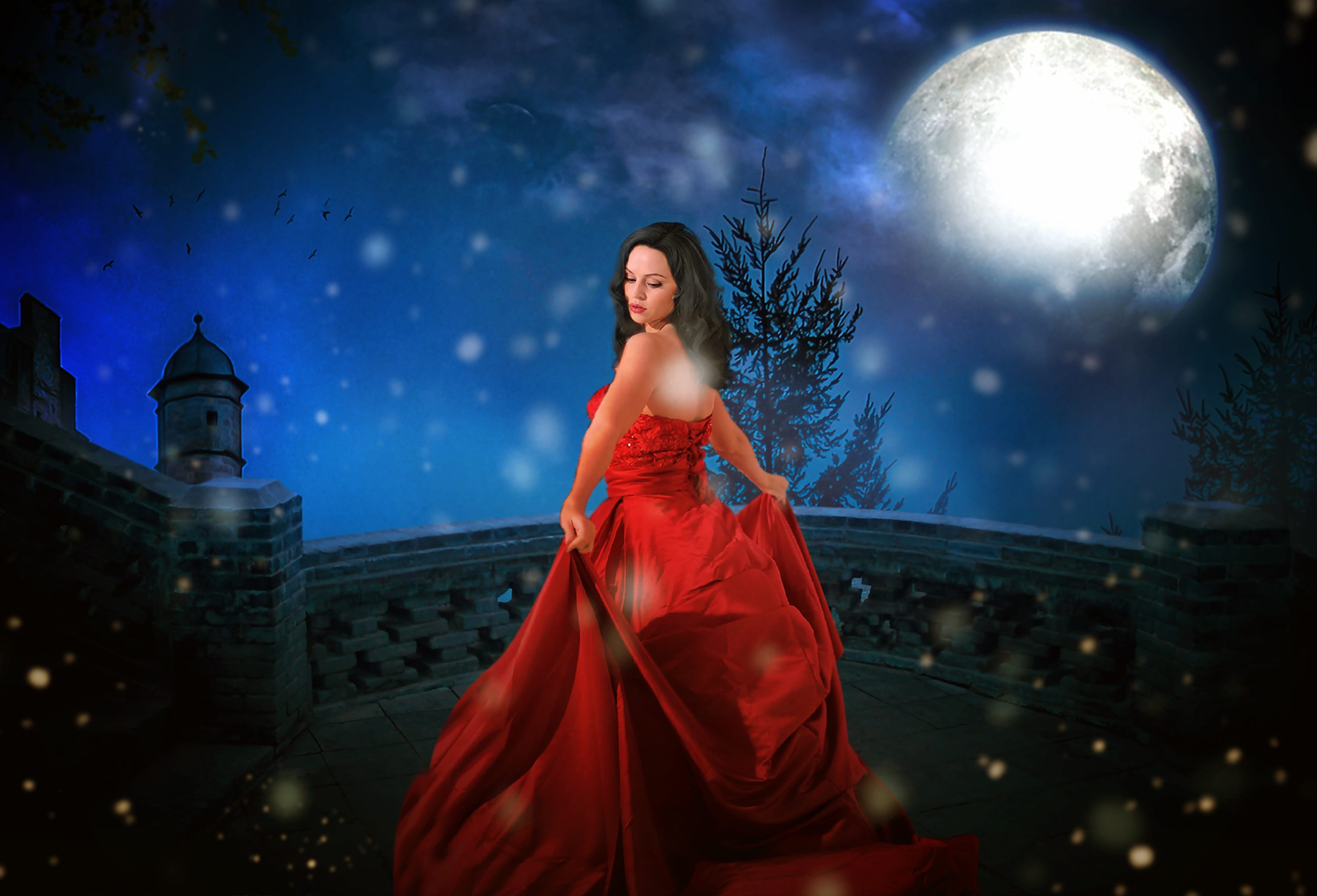 bridge, beauty, astronomy, stairs, dress, hair, red, trees, princess, half moon, castle, illuminated, evening gown, palace, wearing, forest, adult, young women, HD Wallpaper